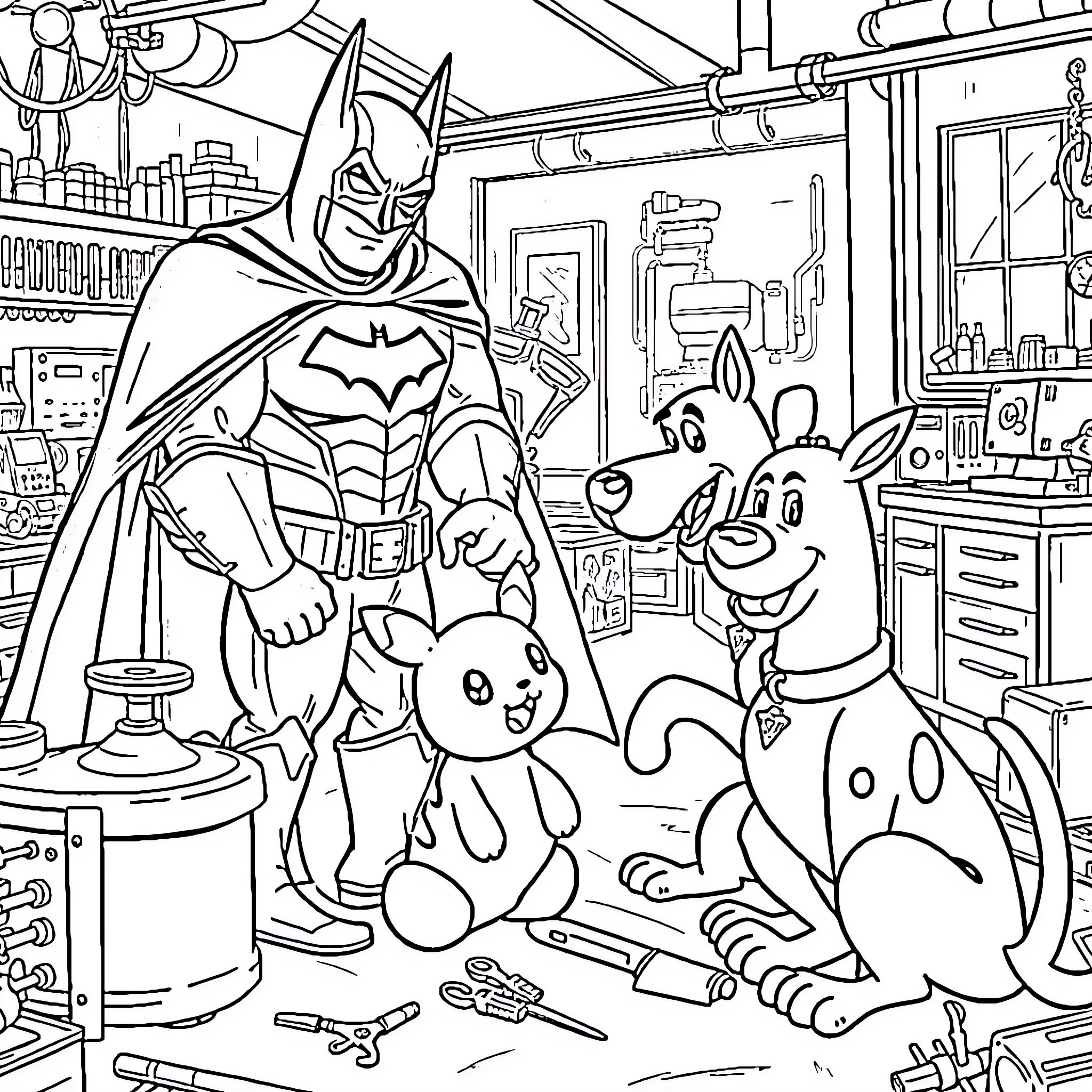 Batman and pets in an intriguing workshop setting Coloring Page (free black-and-white line drawing printable PDF for all, from beginners to advanced learners, including children, teens, adults, and seniors)
