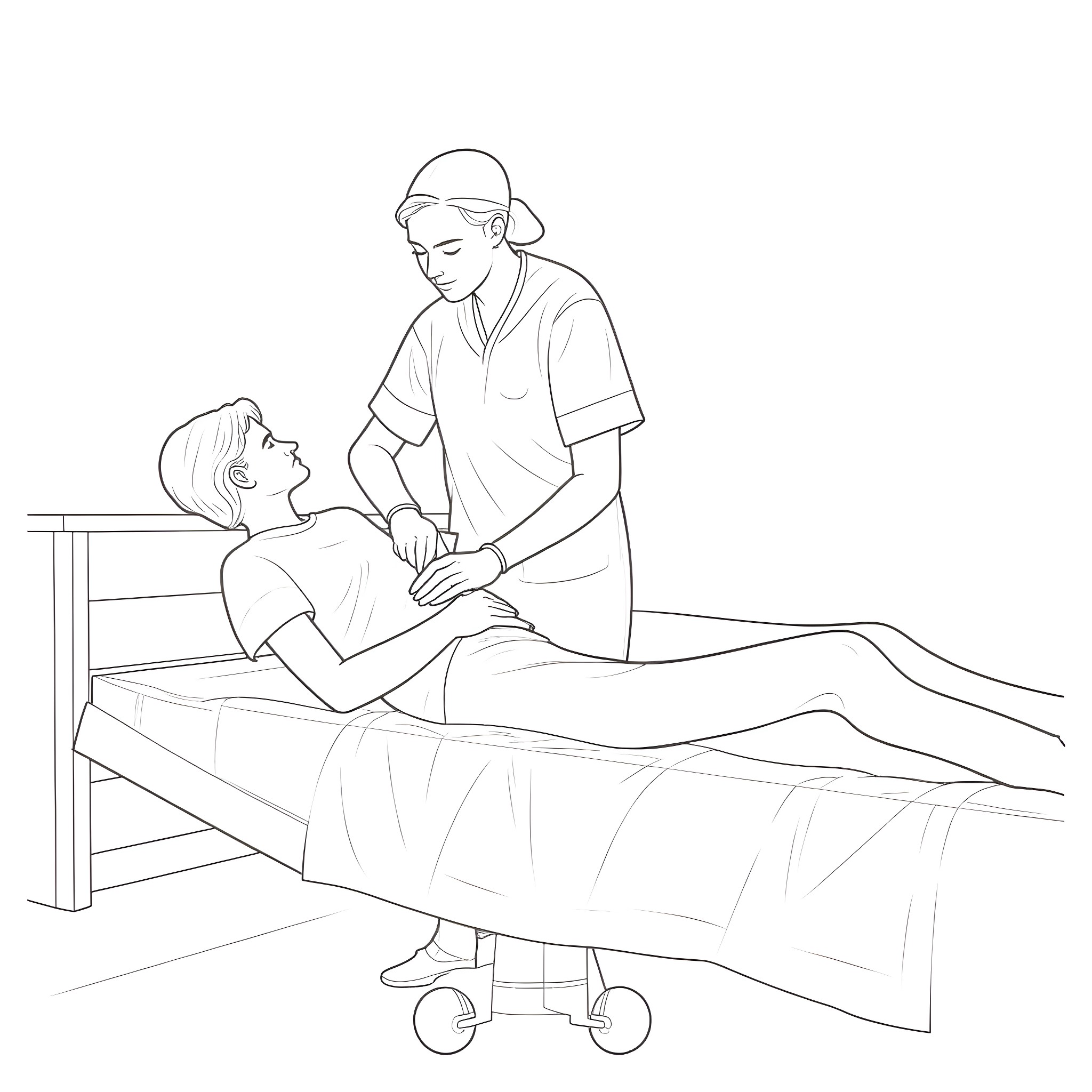 Nurse attending to a patient in a hospital bed Coloring Page (free black-and-white line drawing printable PDF for all, from beginners to advanced learners, including children, teens, adults, and seniors)
