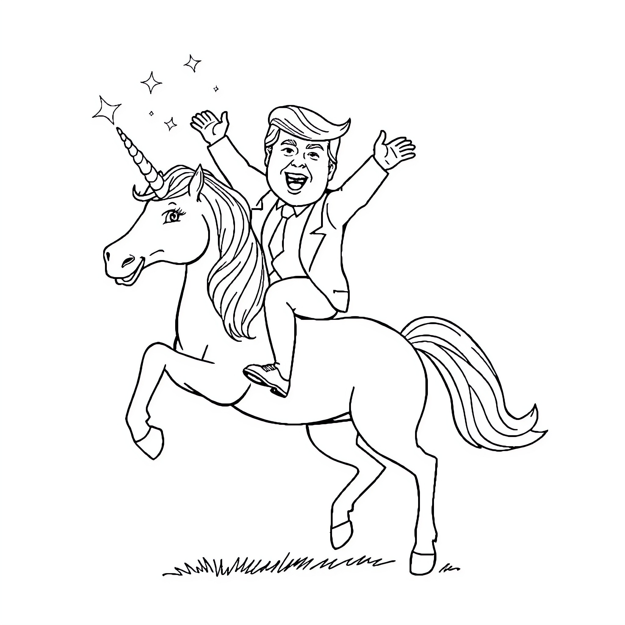 Trump riding a unicorn with enthusiasm Coloring Page (free black-and-white line drawing printable PDF for all, from beginners to advanced learners, including children, teens, adults, and seniors)