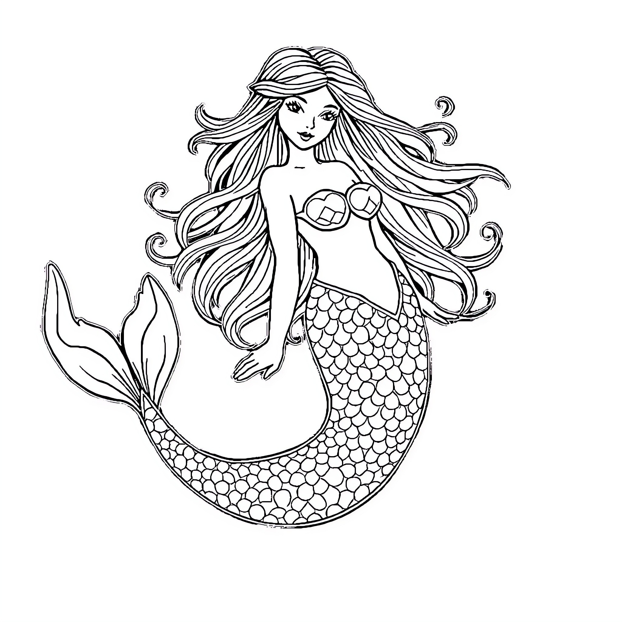 Mermaid with long flowing hair swimming gracefully Coloring Page (free black-and-white line drawing printable PDF for all, from beginners to advanced learners, including children, teens, adults, and seniors)