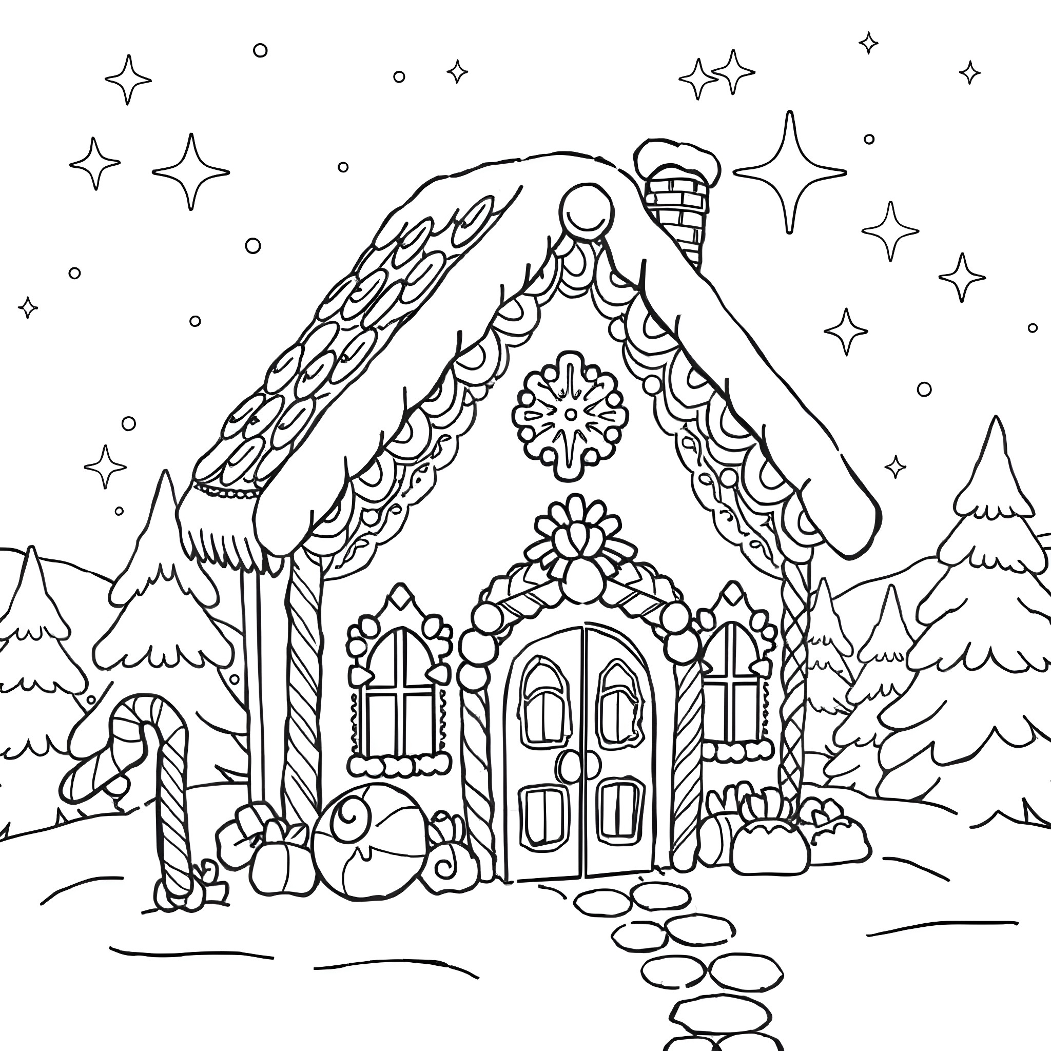 Gingerbread House with Decorated Exterior in Winter Wonderland Coloring Page (free black-and-white line drawing printable PDF for all, from beginners to advanced learners, including children, teens, adults, and seniors)