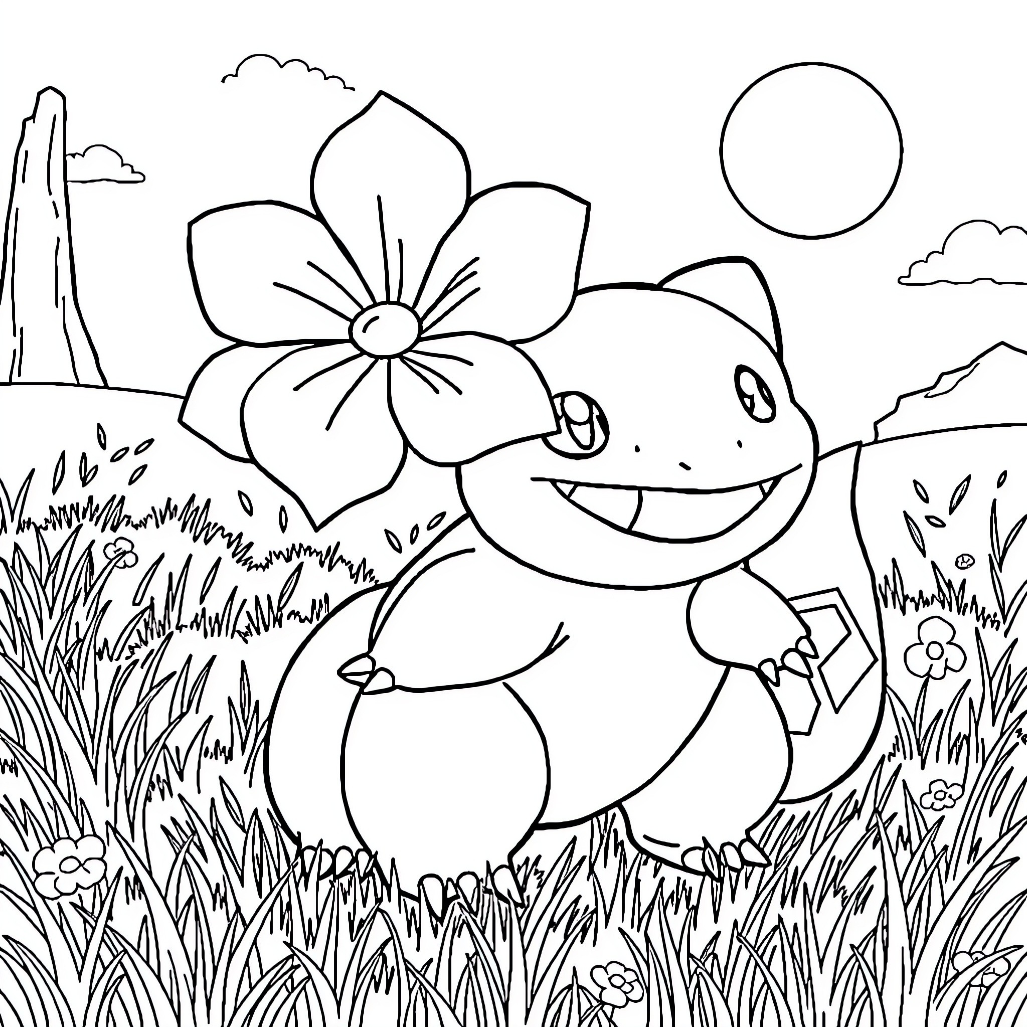 Bulbasaur enjoying a flower-filled landscape Coloring Page (free black-and-white line drawing printable PDF for all, from beginners to advanced learners, including children, teens, adults, and seniors)