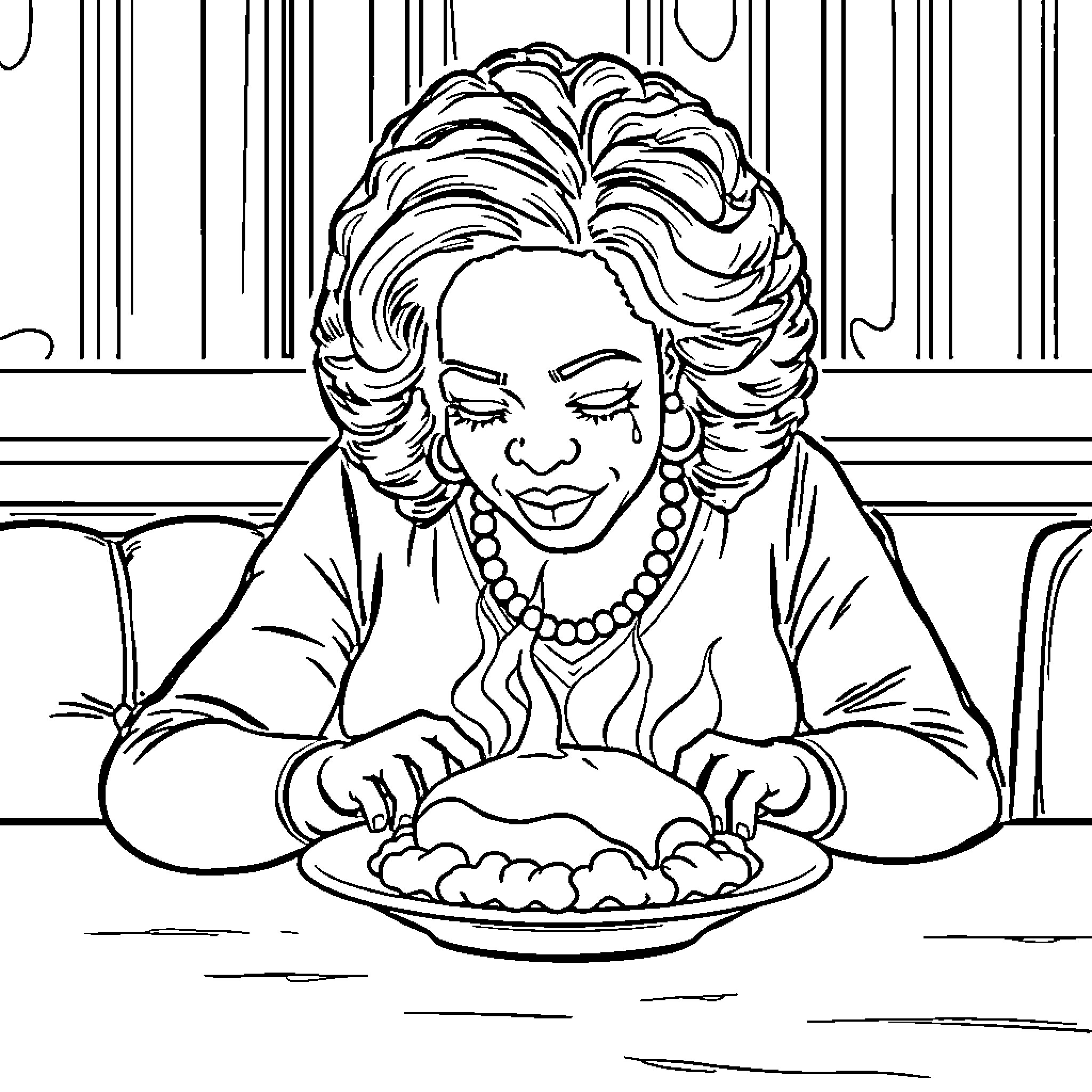 Oprah enjoying a delicious meal Coloring Page (free black-and-white line drawing printable PDF for all, from beginners to advanced learners, including children, teens, adults, and seniors)