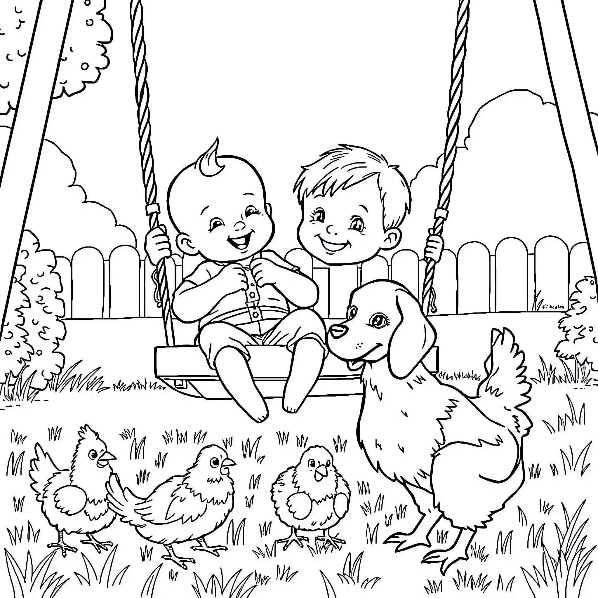 Baby friends playing happily on a swing in the park Coloring Page (free black-and-white line drawing printable PDF for all, from beginners to advanced learners, including children, teens, adults, and seniors)