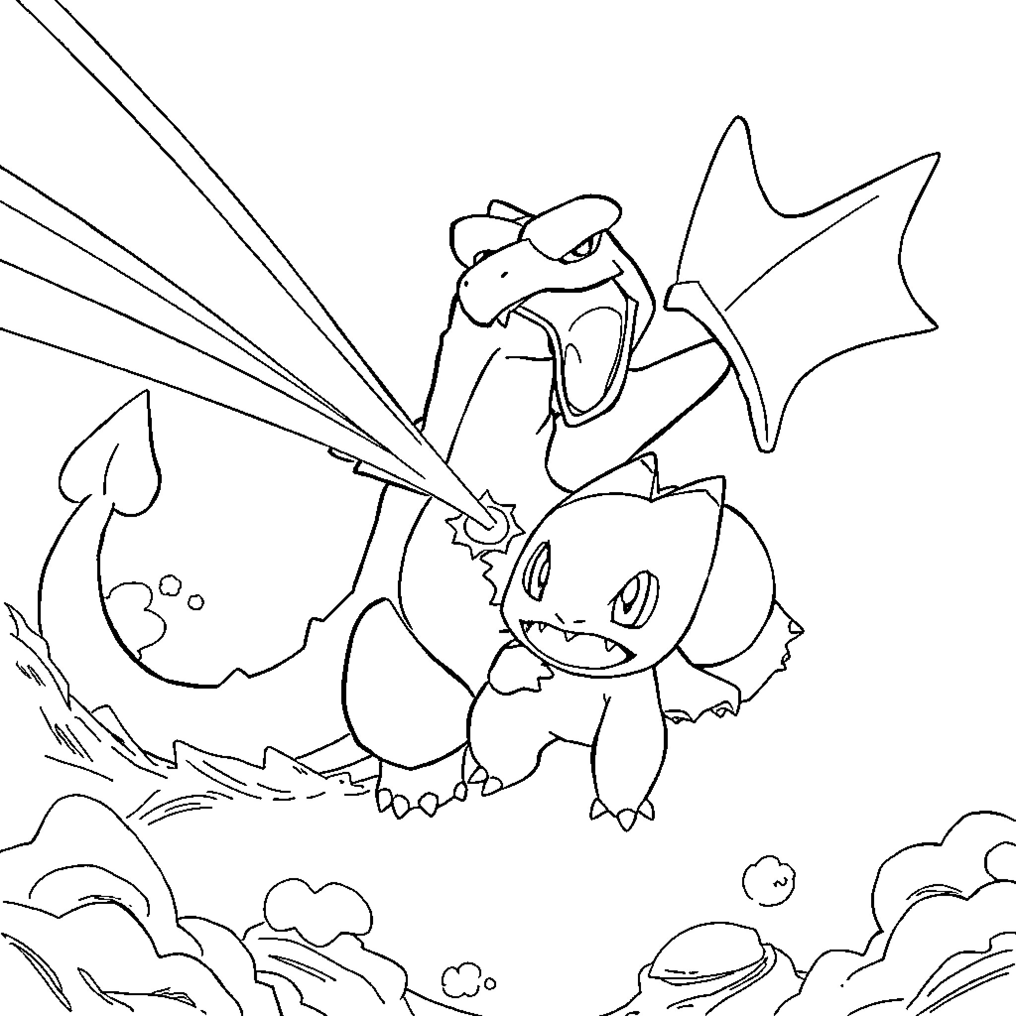 Pokémon characters engaged in an action-filled scene Coloring Page (free black-and-white line drawing printable PDF for all, from beginners to advanced learners, including children, teens, adults, and seniors)