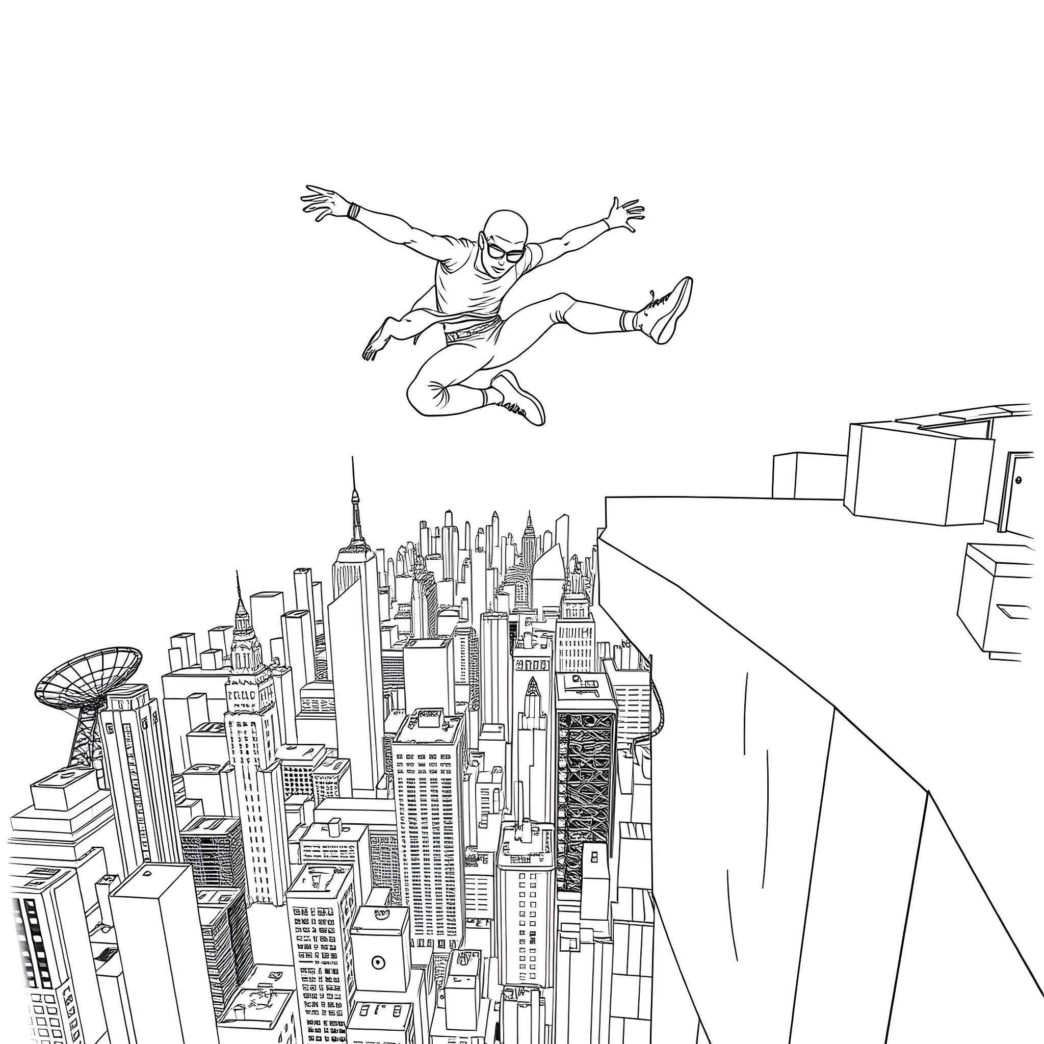 Skill of a superhero soaring over the city Coloring Page (free black-and-white line drawing printable PDF for all, from beginners to advanced learners, including children, teens, adults, and seniors)