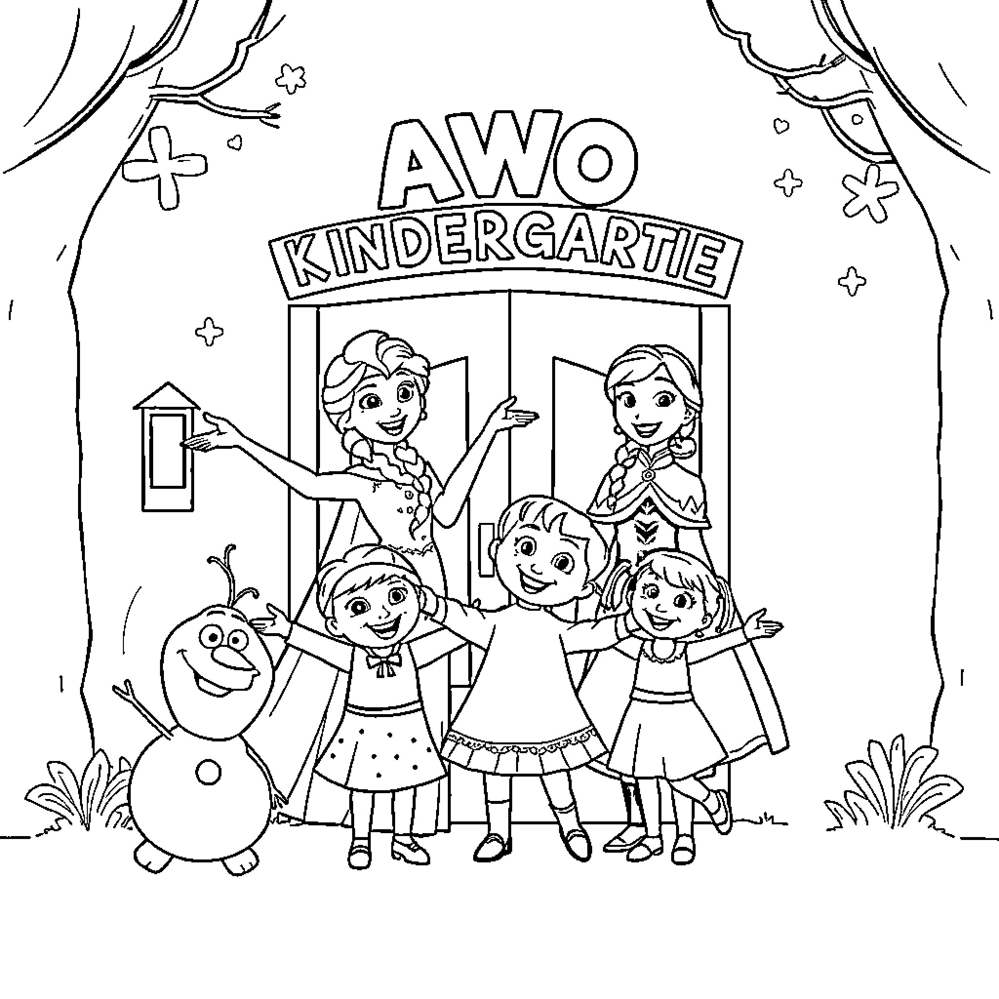 Frozen Children Happily at Kindergarten Coloring Page (free black-and-white line drawing printable PDF for all, from beginners to advanced learners, including children, teens, adults, and seniors)