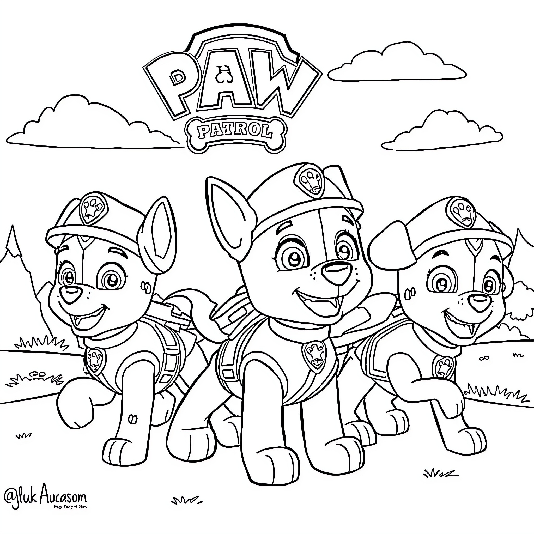 Paw Patrol heroes in action Coloring Page (free black-and-white line drawing printable PDF for all, from beginners to advanced learners, including children, teens, adults, and seniors)