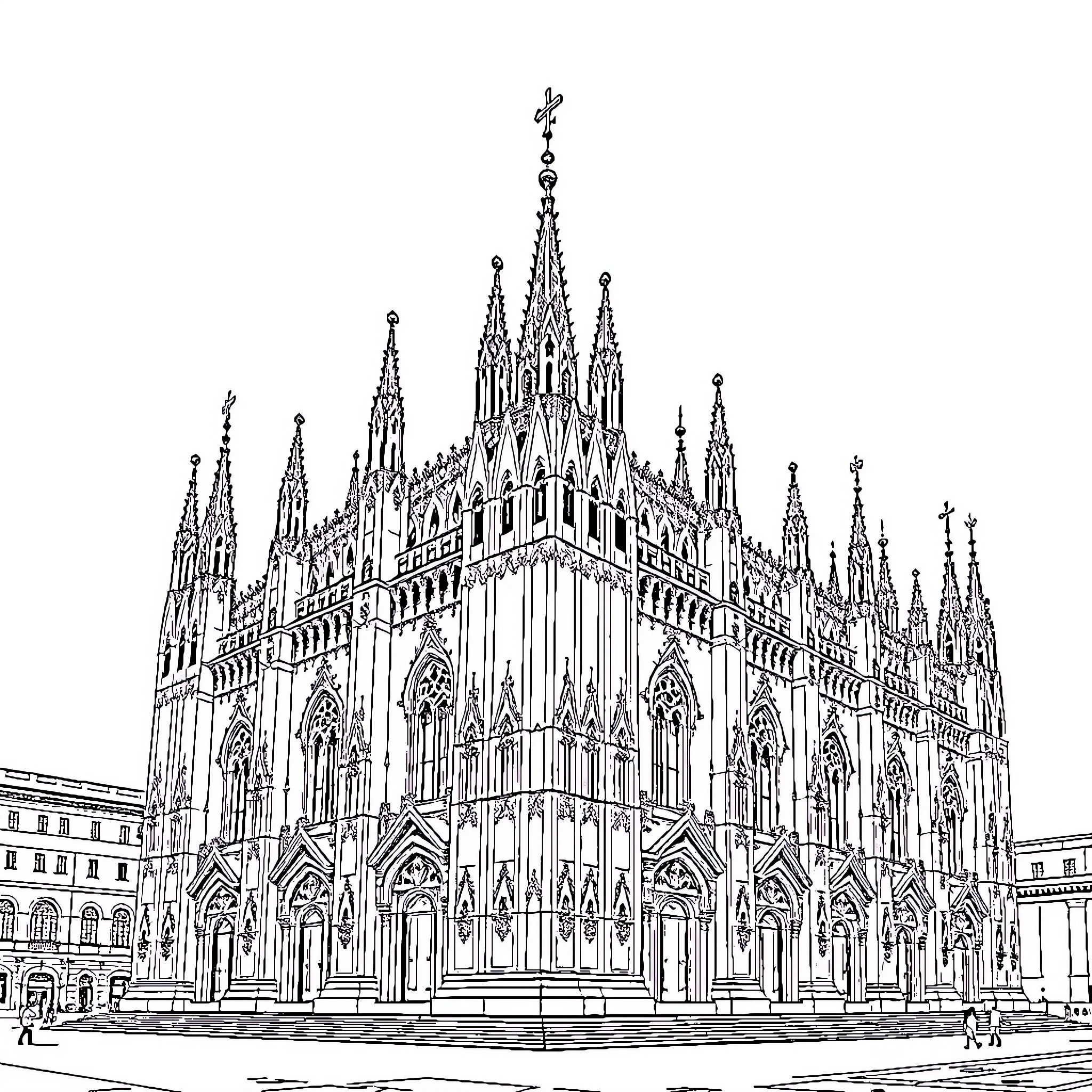 Duomo Cathedral with Intricate Gothic Architecture Coloring Page (free black-and-white line drawing printable PDF for all, from beginners to advanced learners, including children, teens, adults, and seniors)