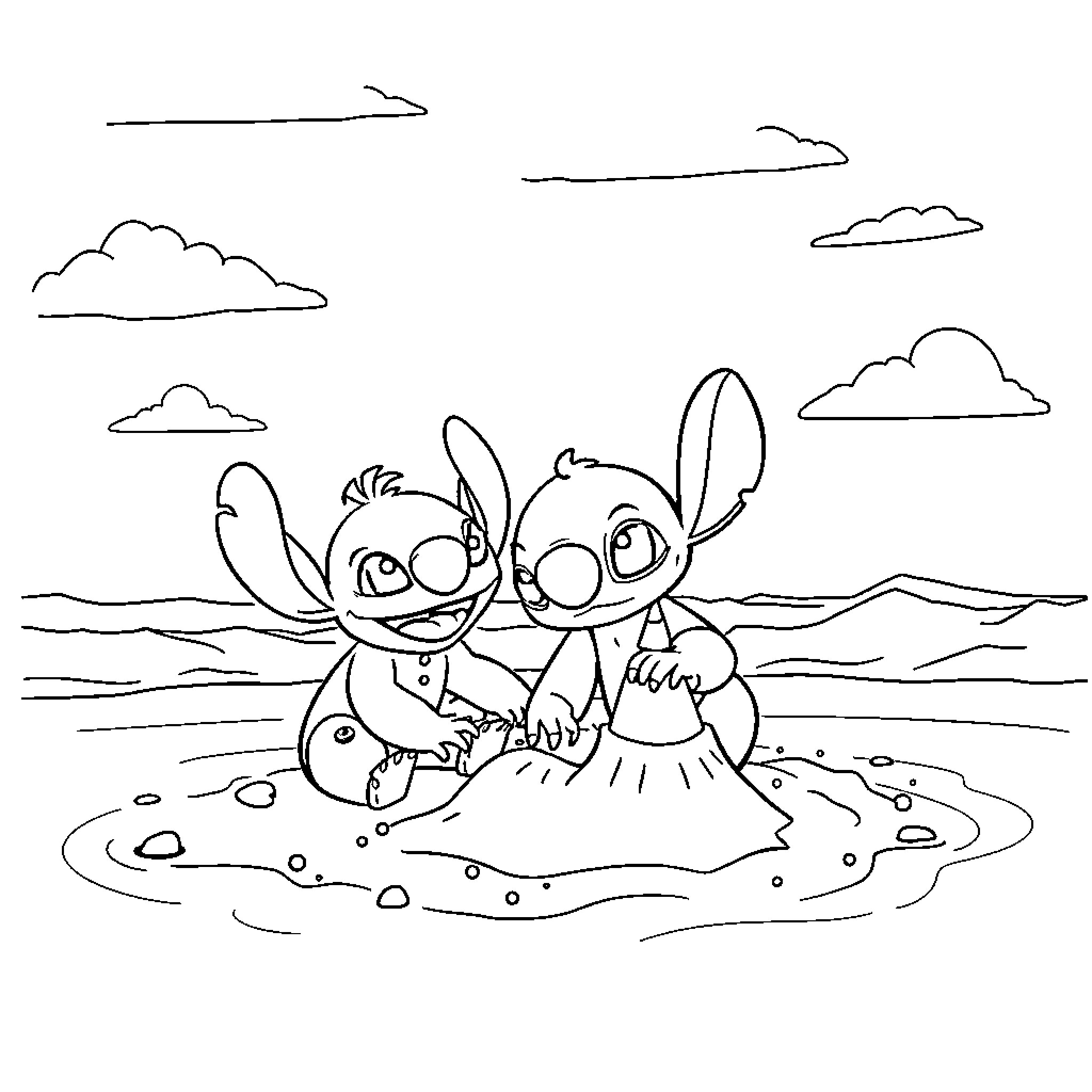 Muppet Characters Playing in the Beach Coloring Page (free black-and-white line drawing printable PDF for all, from beginners to advanced learners, including children, teens, adults, and seniors)