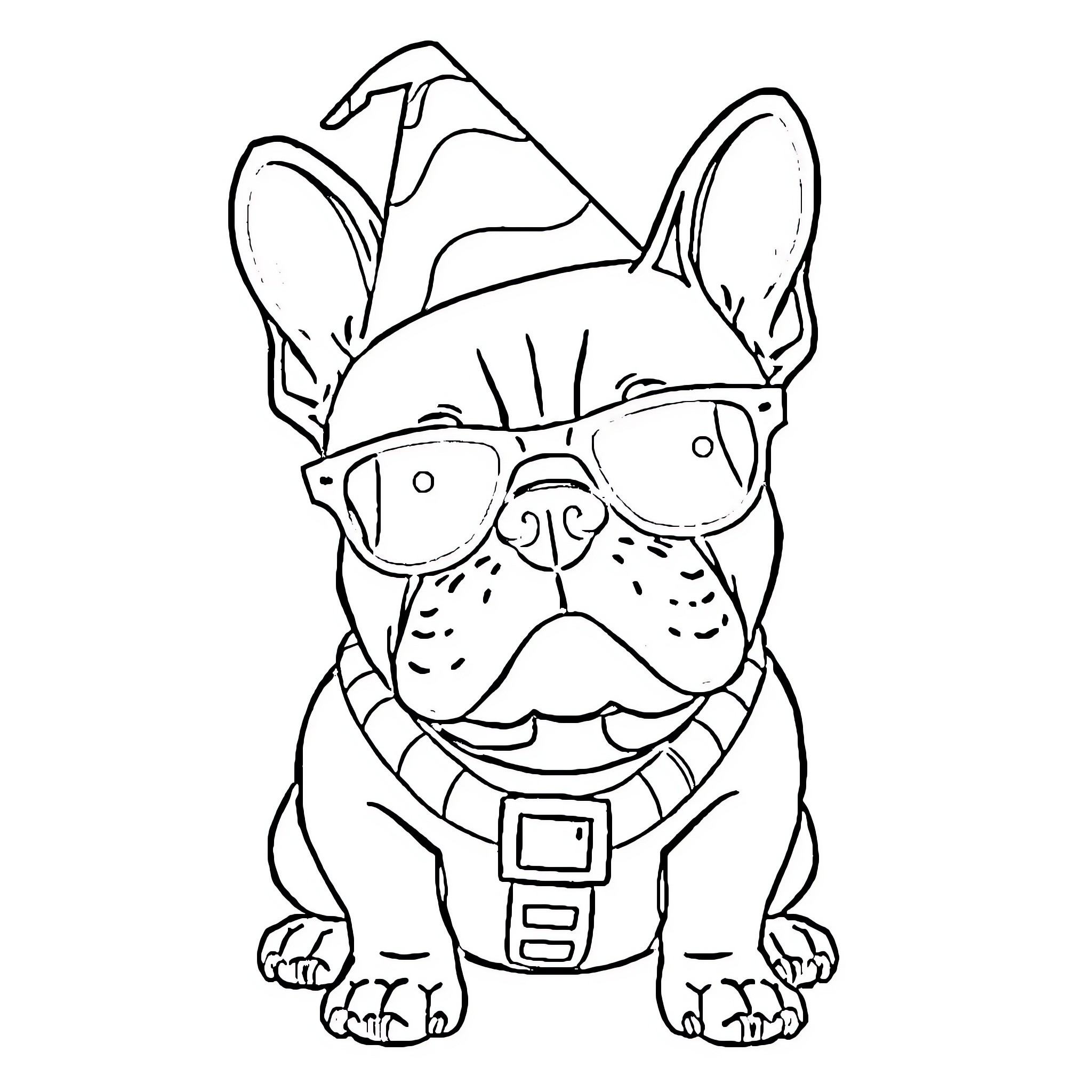 French Bulldog wearing sunglasses and scarf Coloring Page (free black-and-white line drawing printable PDF for all, from beginners to advanced learners, including children, teens, adults, and seniors)