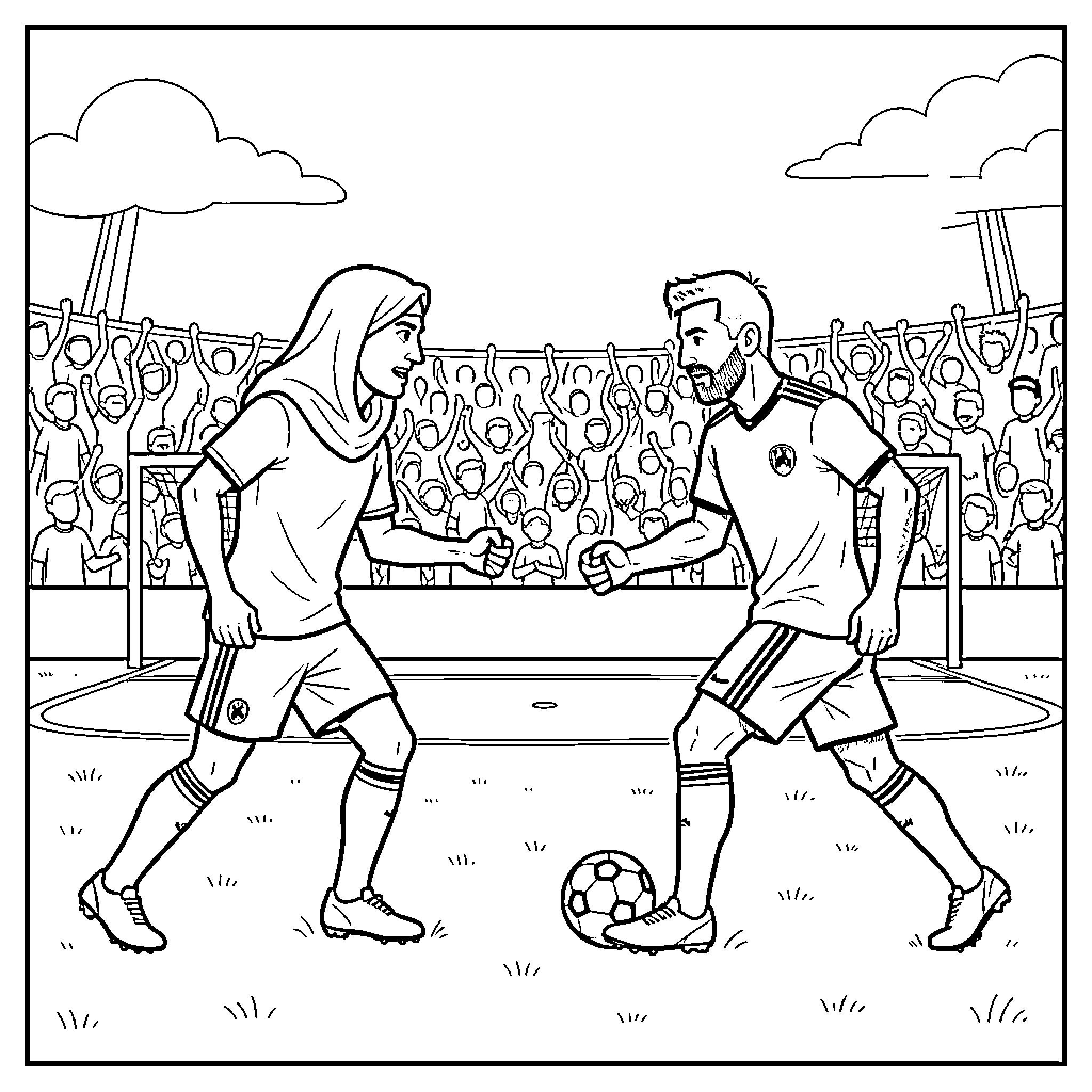 Mehrez soccer players celebrating a goal in a stadium Coloring Page (free black-and-white line drawing printable PDF for all, from beginners to advanced learners, including children, teens, adults, and seniors)