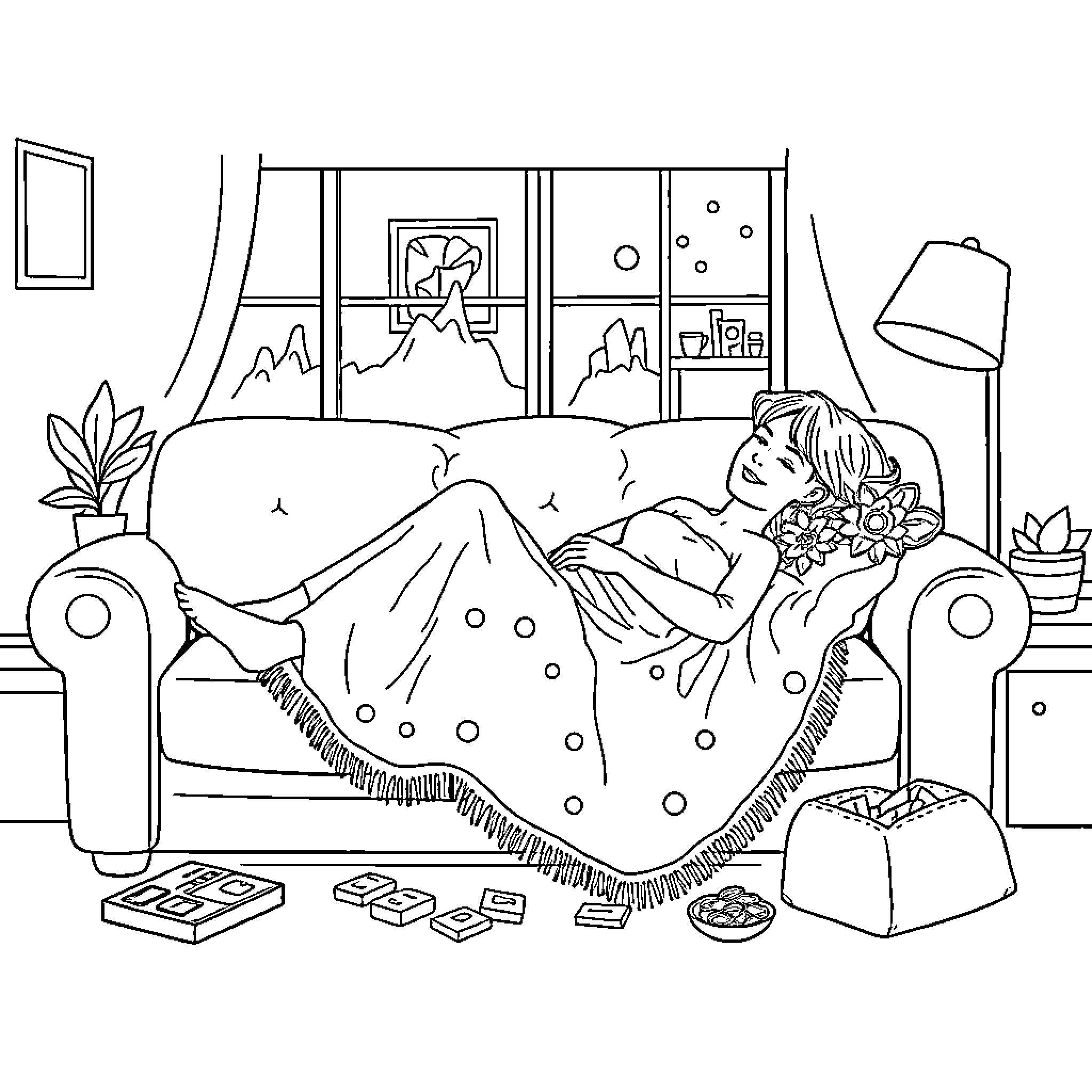 Couch Moments of Relaxation and Comfort Coloring Page (free black-and-white line drawing printable PDF for all, from beginners to advanced learners, including children, teens, adults, and seniors)