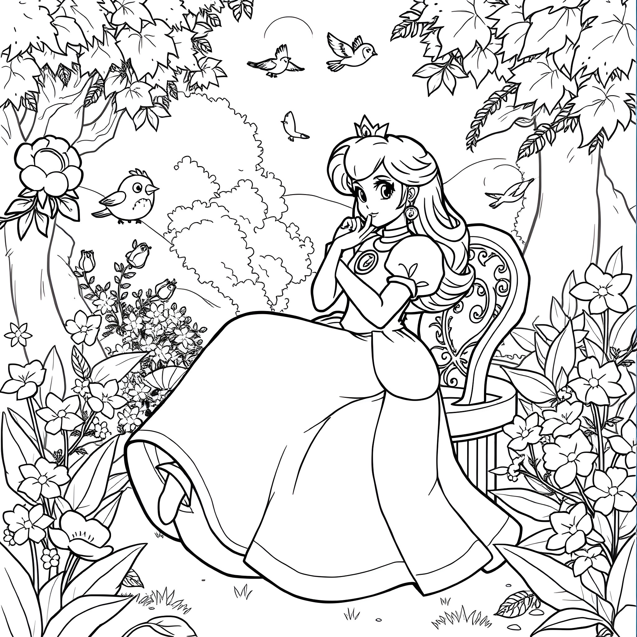 Princess in a Floral Garden Coloring Page (free black-and-white line drawing printable PDF for all, from beginners to advanced learners, including children, teens, adults, and seniors)
