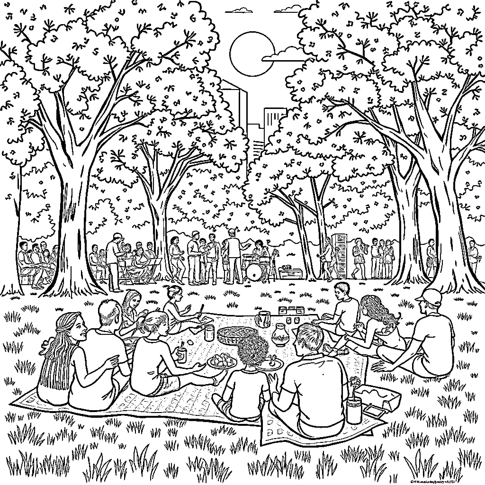 Picnic in the tranquil forest Coloring Page (free black-and-white line drawing printable PDF for all, from beginners to advanced learners, including children, teens, adults, and seniors)