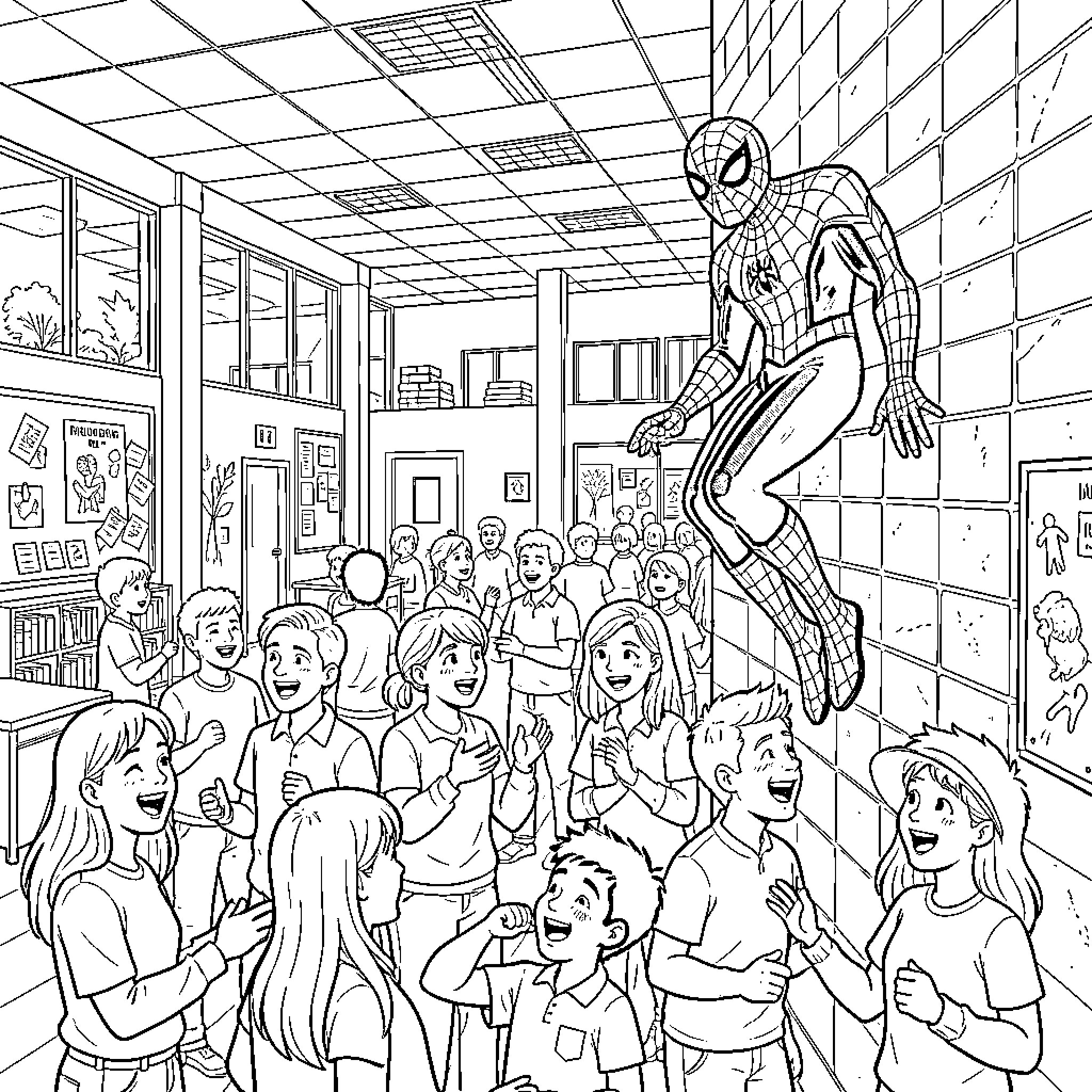 Spiderman surprises students in the school hallway Coloring Page (free black-and-white line drawing printable PDF for all, from beginners to advanced learners, including children, teens, adults, and seniors)