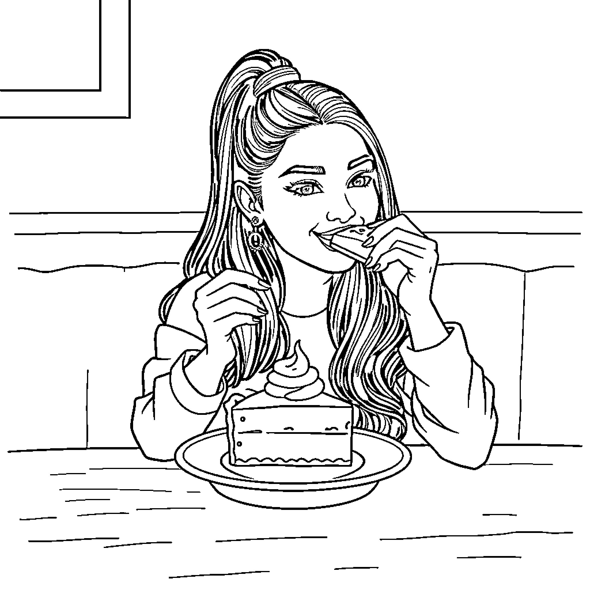 Ariana Grande enjoying a delicious cake Coloring Page (free black-and-white line drawing printable PDF for all, from beginners to advanced learners, including children, teens, adults, and seniors)