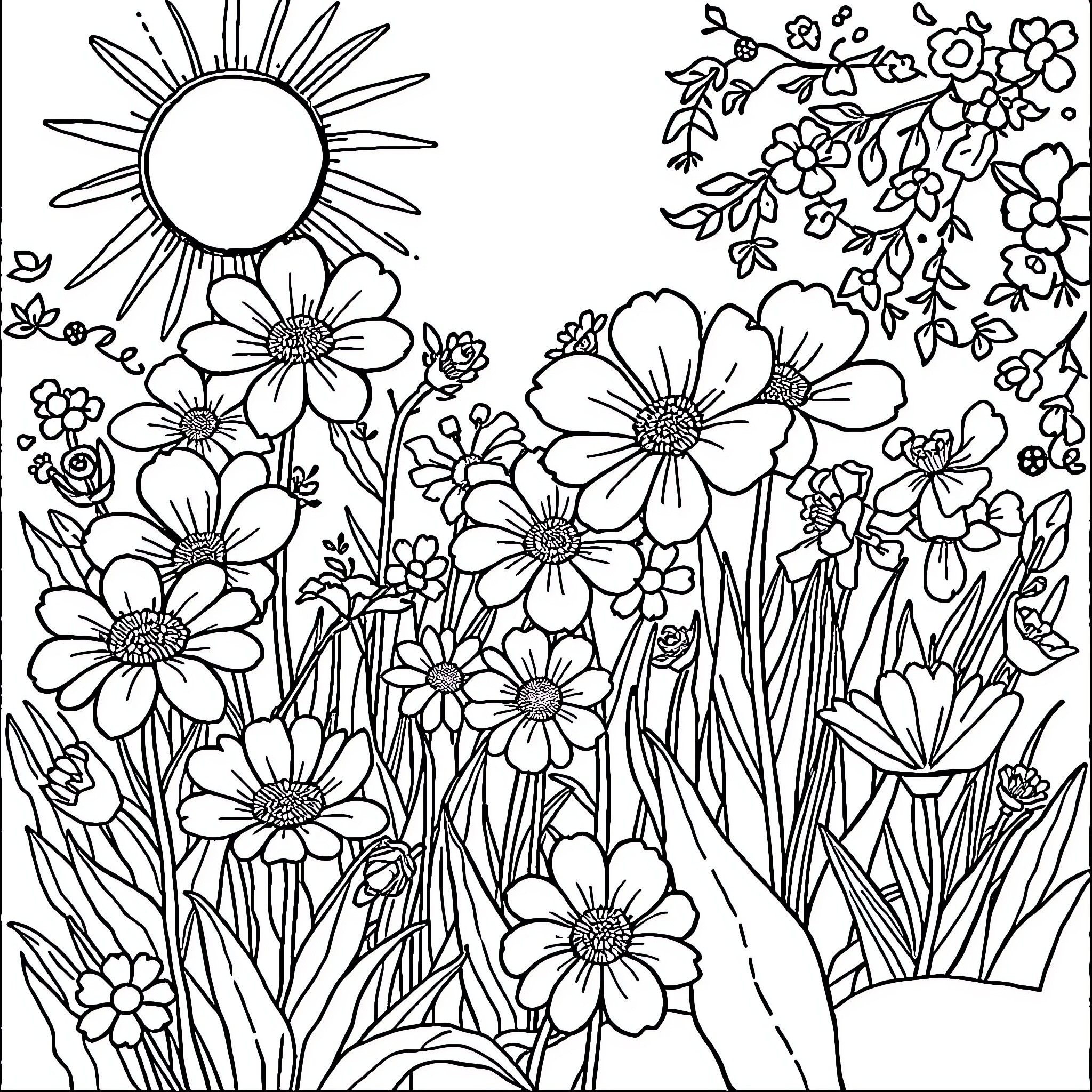 Flower Garden with Radiant Sun Coloring Page (free black-and-white line drawing printable PDF for all, from beginners to advanced learners, including children, teens, adults, and seniors)