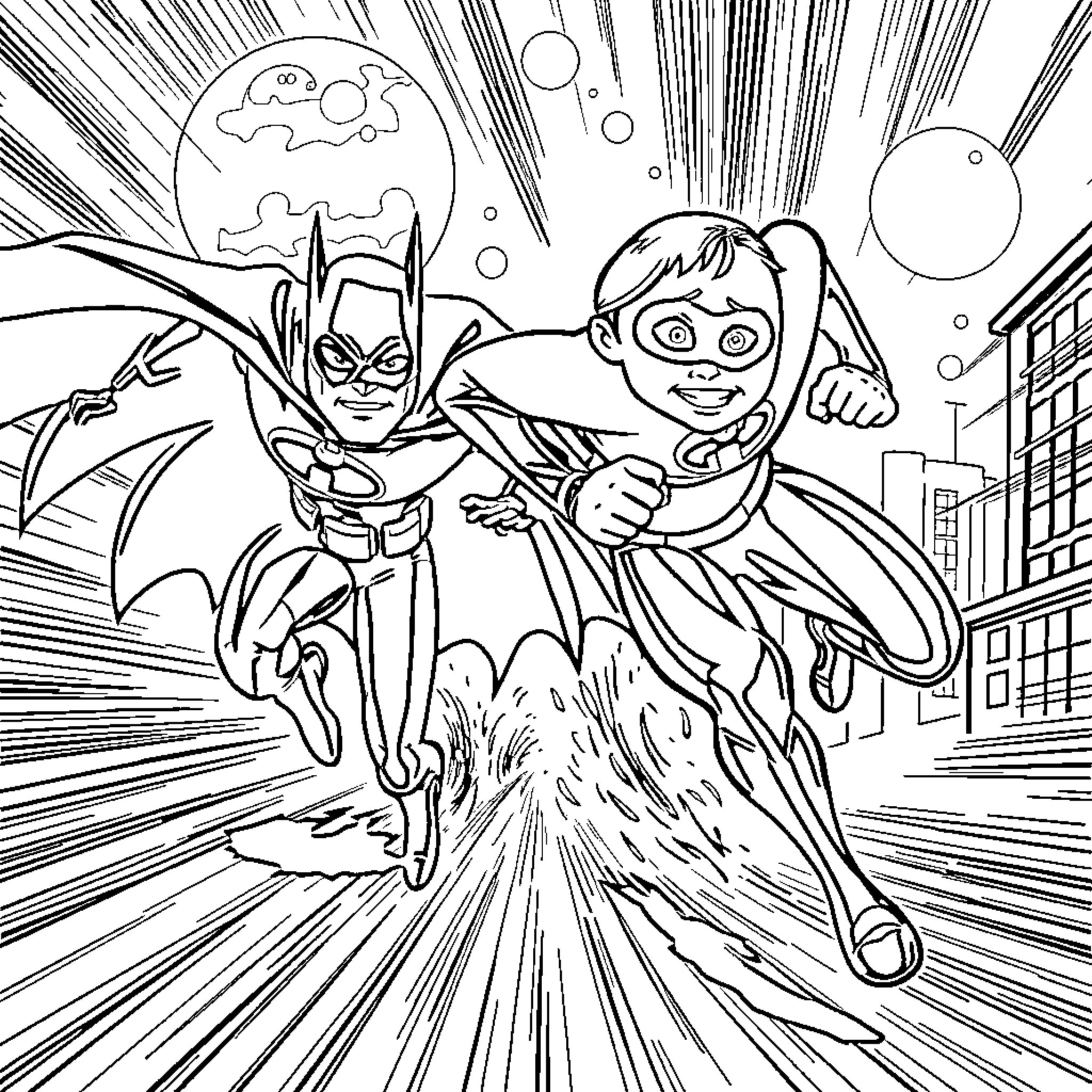 Dash of Dynamic Duo in Action Coloring Page (free black-and-white line drawing printable PDF for all, from beginners to advanced learners, including children, teens, adults, and seniors)