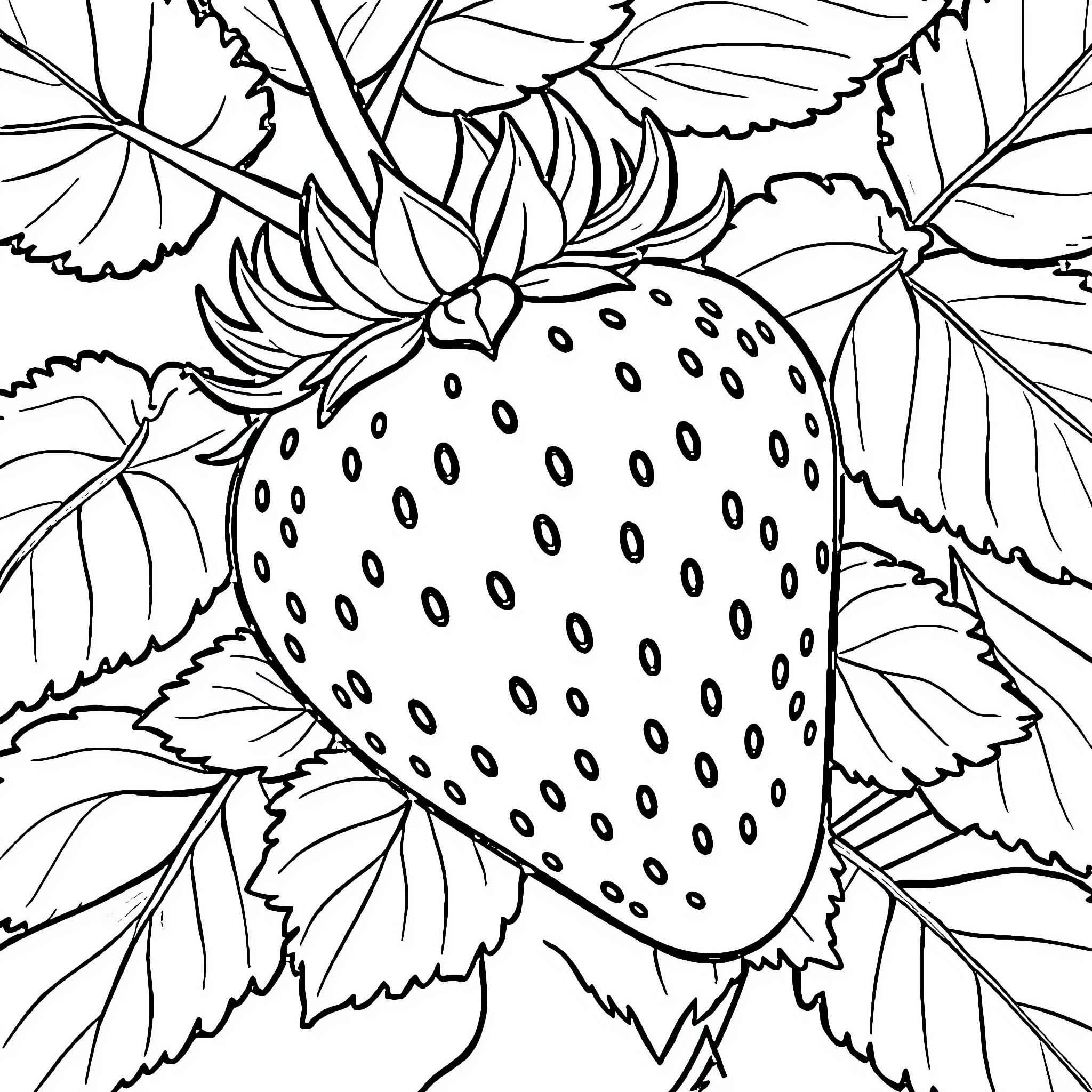 Strawberry surrounded by lush foliage Coloring Page (free black-and-white line drawing printable PDF for all, from beginners to advanced learners, including children, teens, adults, and seniors)