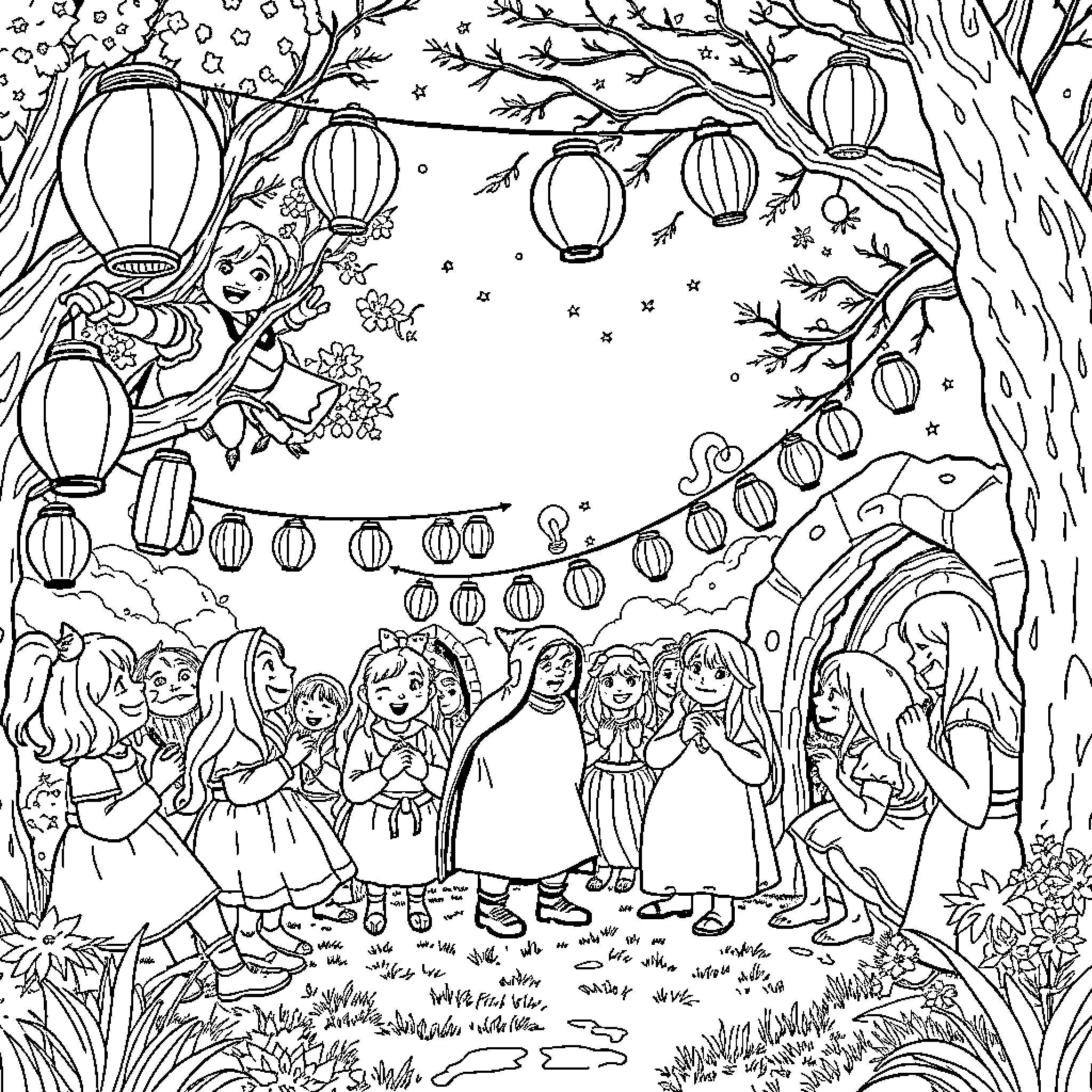 Hobbit characters celebrating in enchanted forest Coloring Page (free black-and-white line drawing printable PDF for all, from beginners to advanced learners, including children, teens, adults, and seniors)