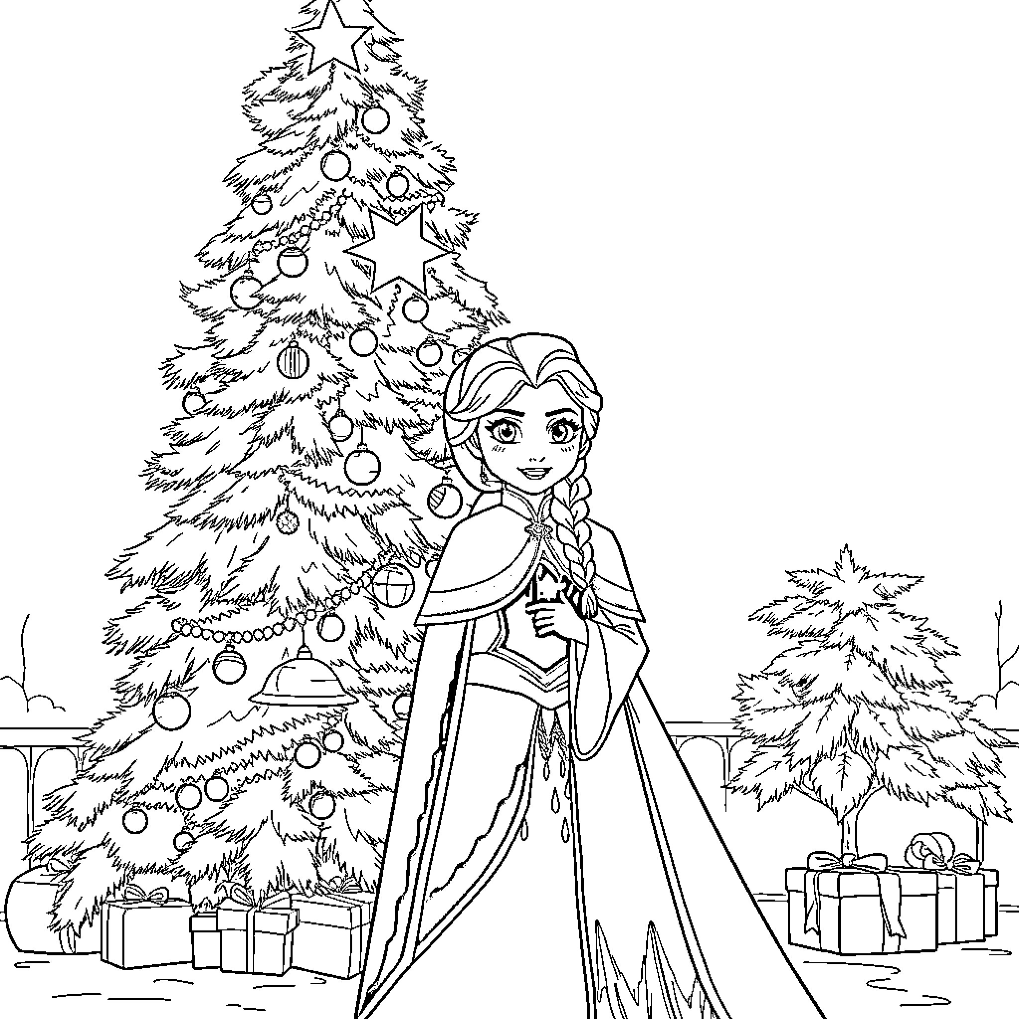 Anna and Elsa enjoying Christmas festivities by the decorated tree Coloring Page (free black-and-white line drawing printable PDF for all, from beginners to advanced learners, including children, teens, adults, and seniors)