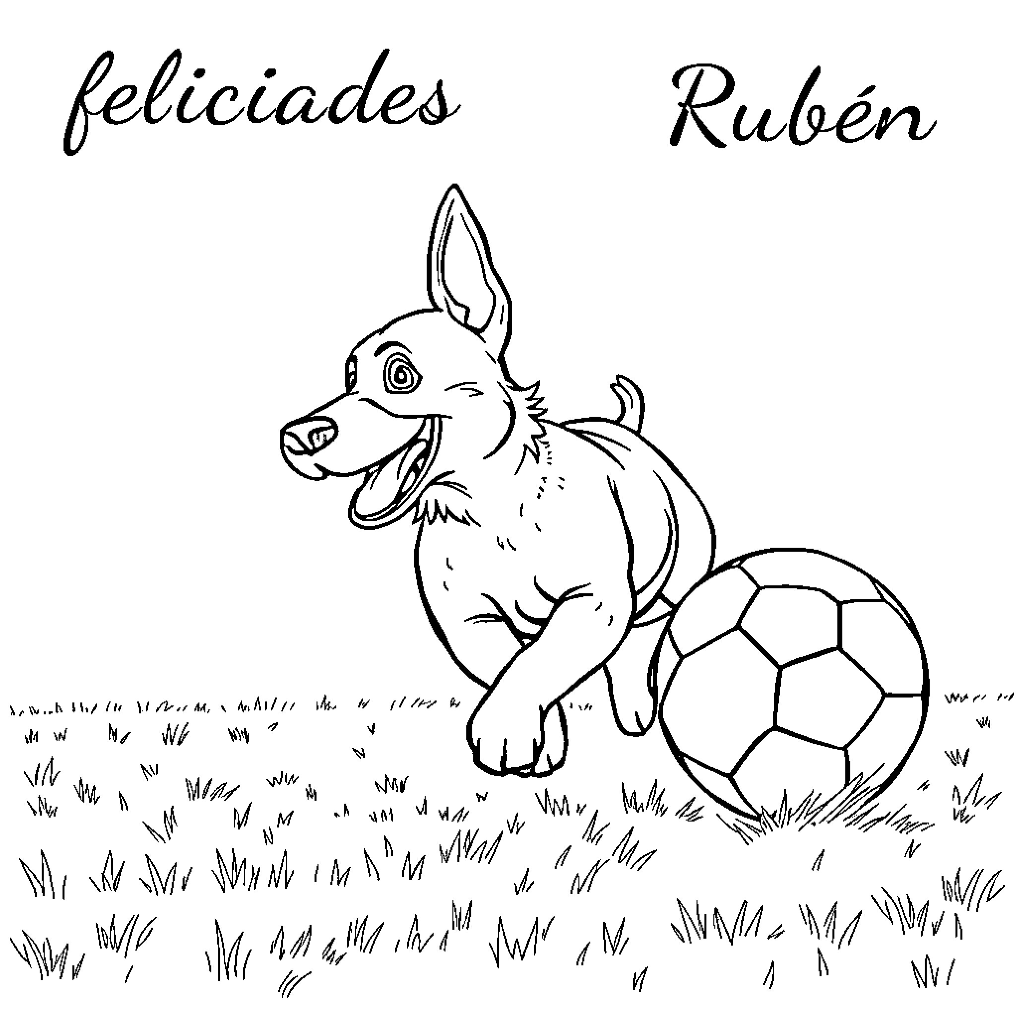 Perro jugando con balón en campo de hierba Coloring Page (free black-and-white line drawing printable PDF for all, from beginners to advanced learners, including children, teens, adults, and seniors)