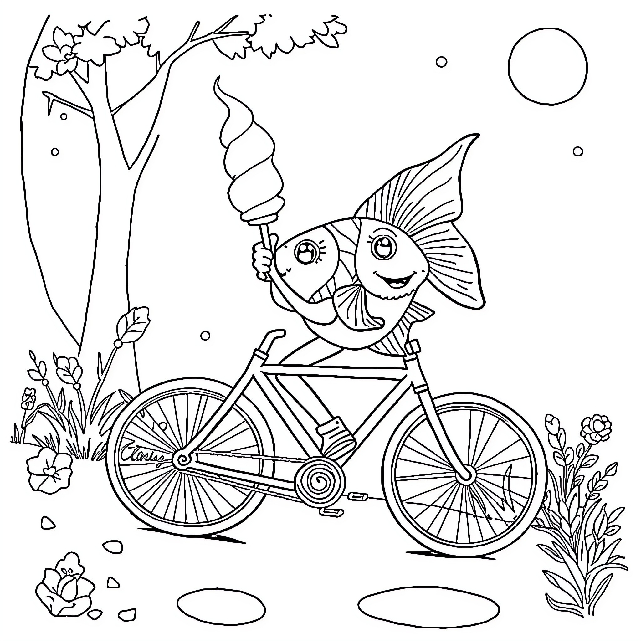 Fish riding a bicycle in the forest Coloring Page (free black-and-white line drawing printable PDF for all, from beginners to advanced learners, including children, teens, adults, and seniors)