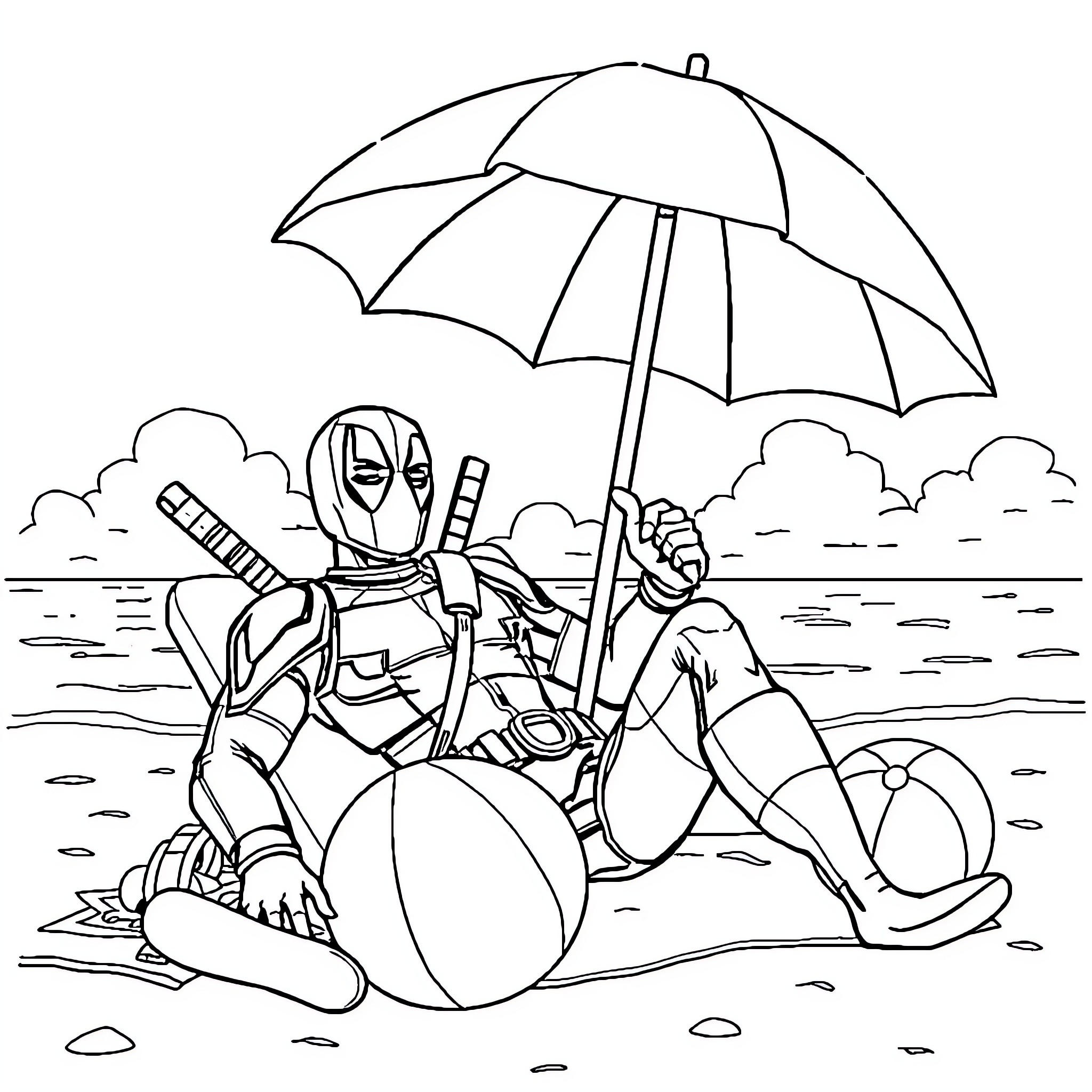 Deadpool relaxing on the beach with his umbrella Coloring Page (free black-and-white line drawing printable PDF for all, from beginners to advanced learners, including children, teens, adults, and seniors)