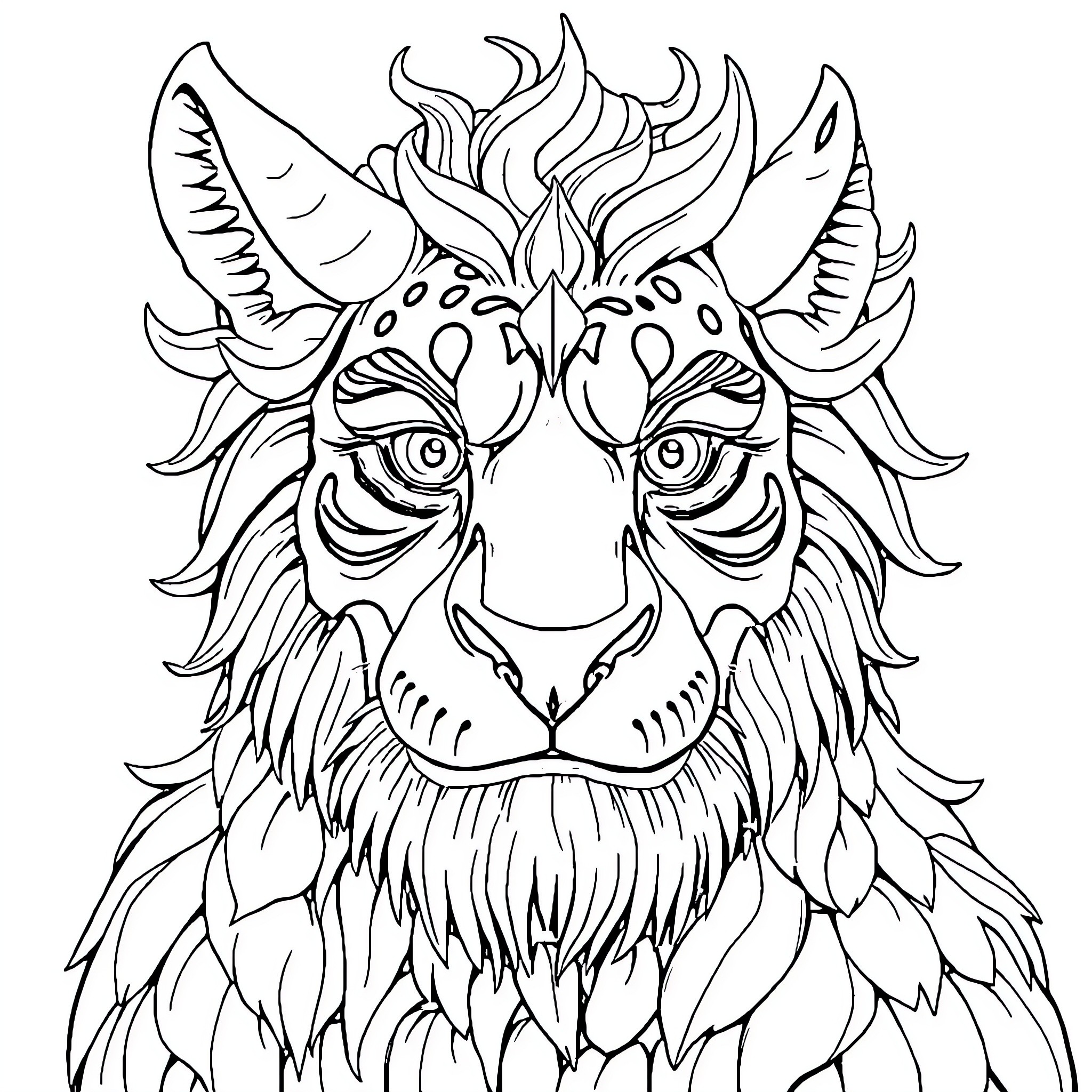 Face of Fierce Creature with Intricate Patterns Coloring Page (free black-and-white line drawing printable PDF for all, from beginners to advanced learners, including children, teens, adults, and seniors)