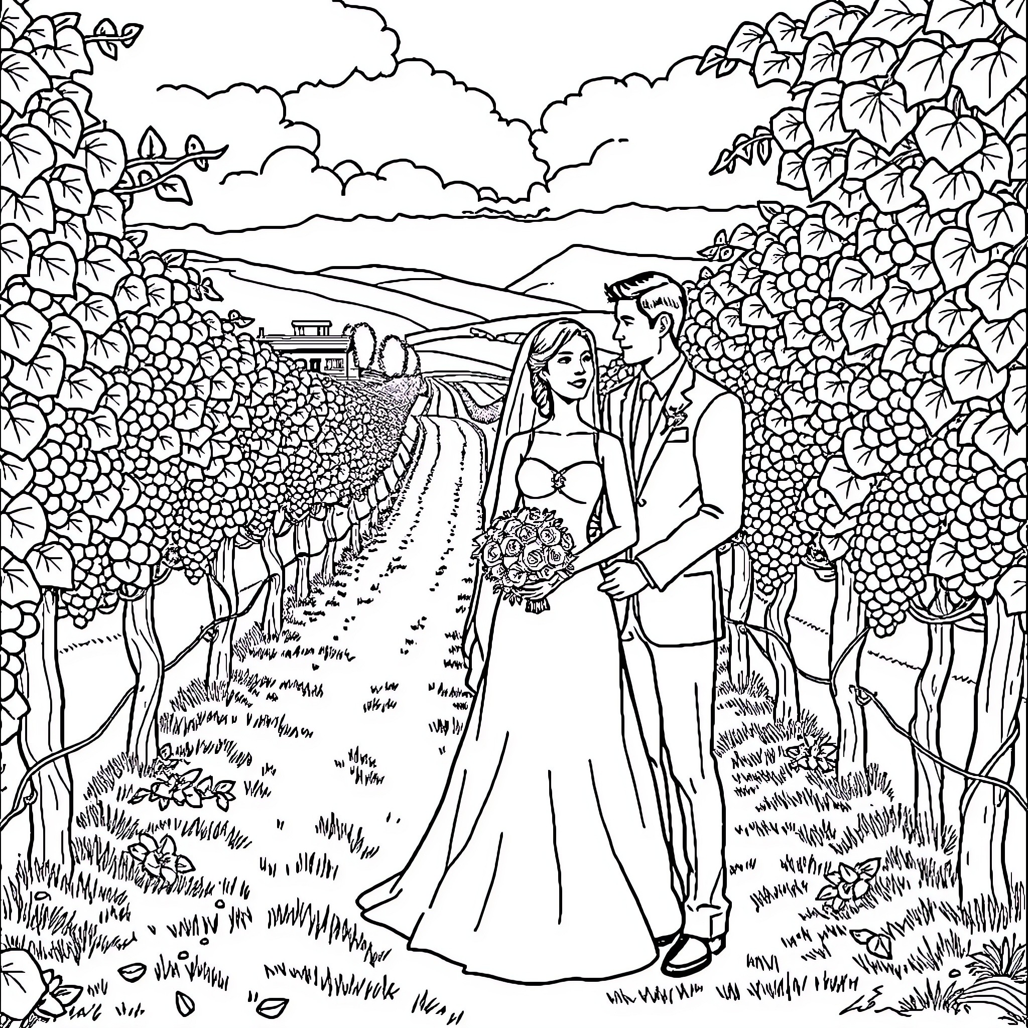 Bride and Groom's Blissful Countryside Wedding Coloring Page (free black-and-white line drawing printable PDF for all, from beginners to advanced learners, including children, teens, adults, and seniors)