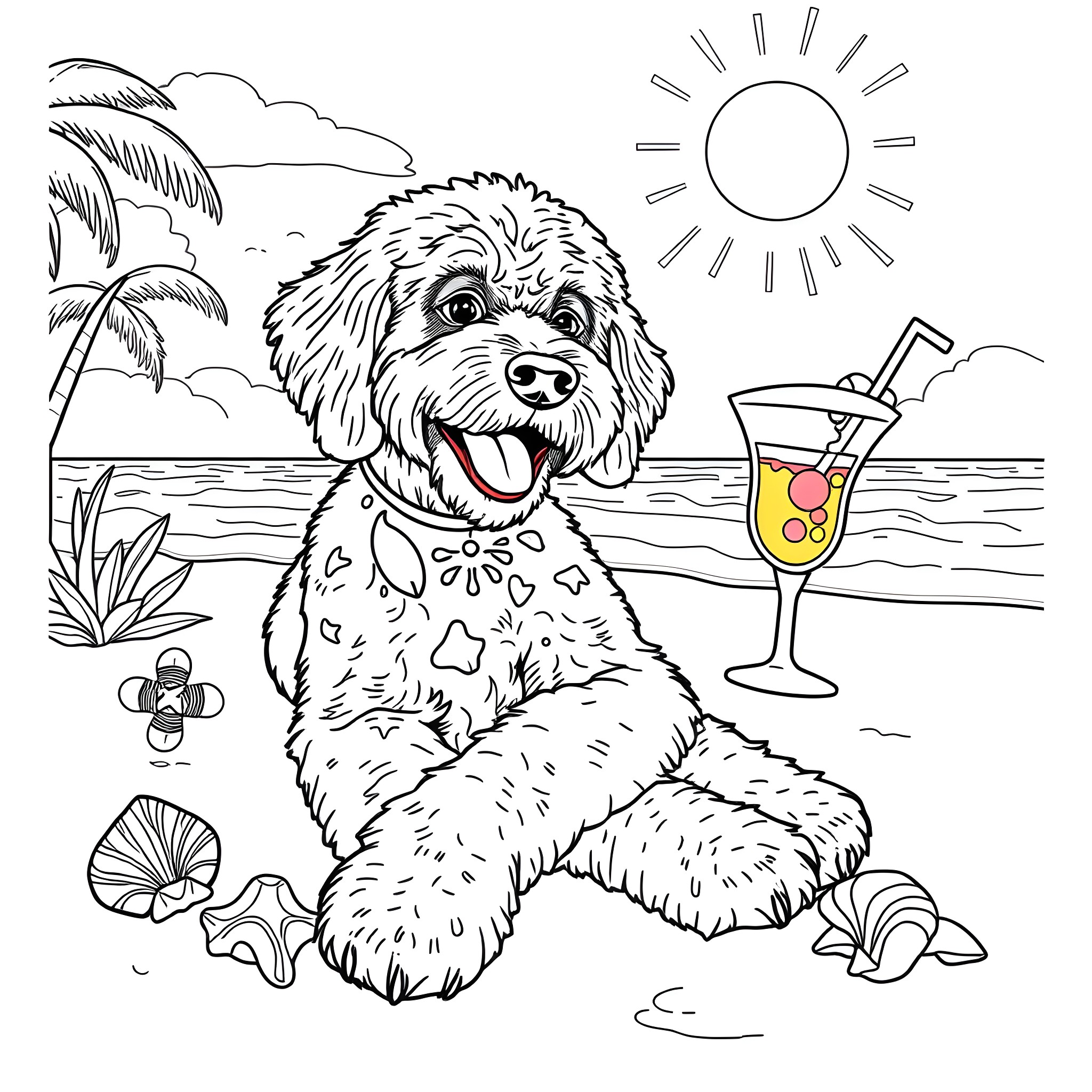 Labradoodle relaxing on the beach with a refreshing drink Coloring Page (free black-and-white line drawing printable PDF for all, from beginners to advanced learners, including children, teens, adults, and seniors)