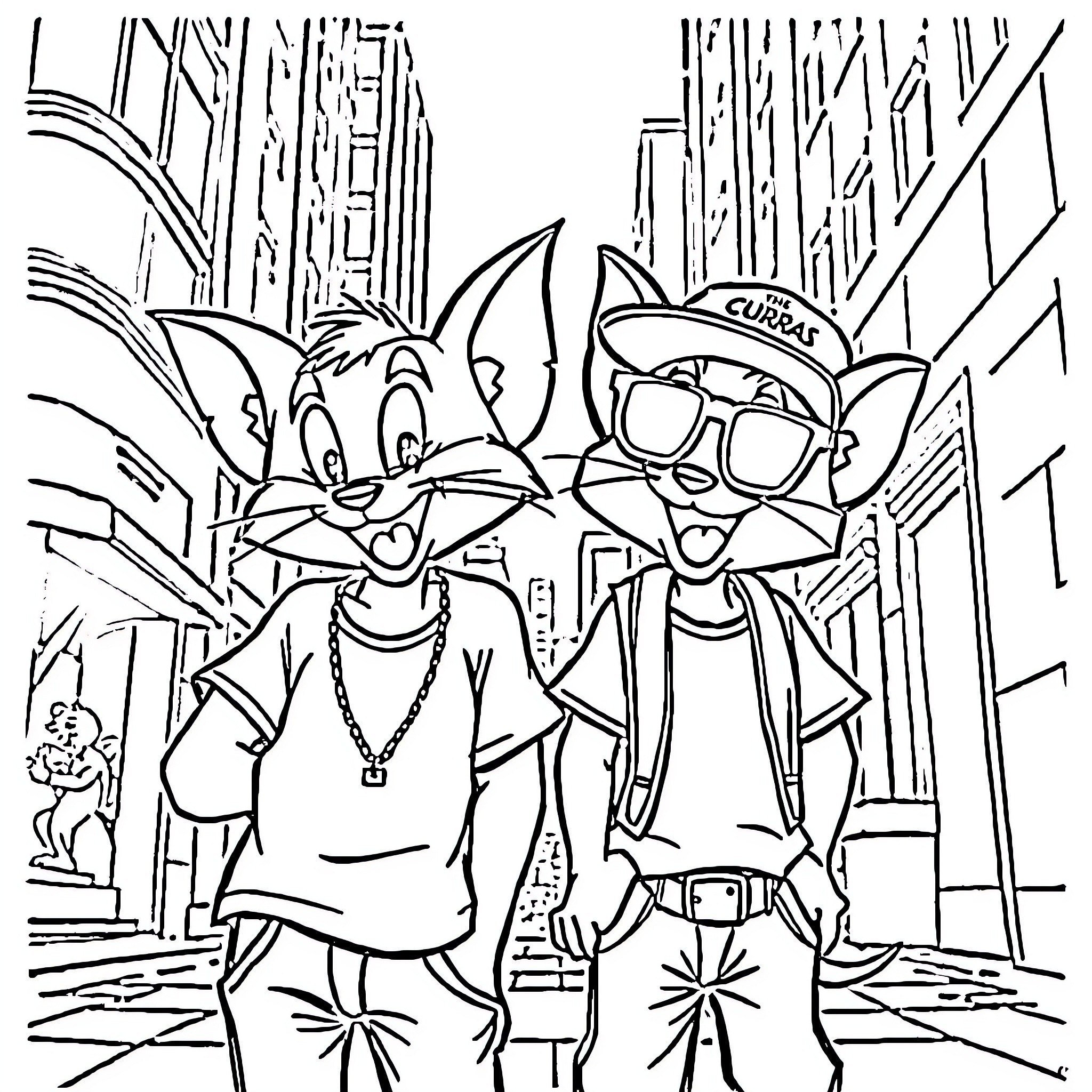Tom and Jerry in the City Streets Coloring Page (free black-and-white line drawing printable PDF for all, from beginners to advanced learners, including children, teens, adults, and seniors)