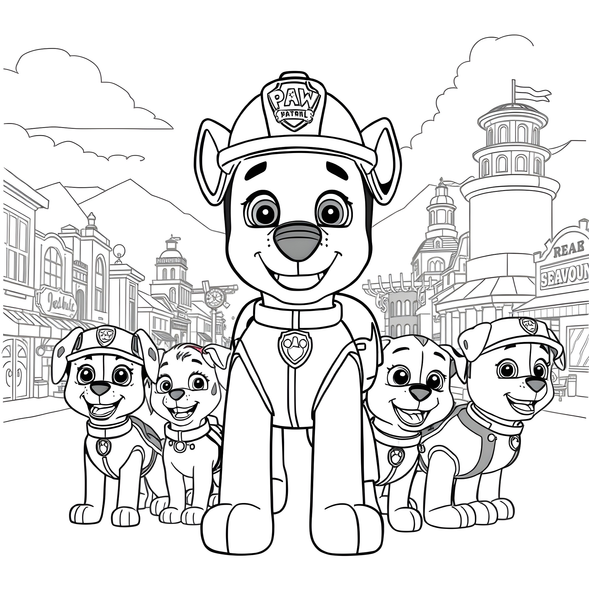 Paw Patrol Marshall with his pup friends in the city Coloring Page (free black-and-white line drawing printable PDF for all, from beginners to advanced learners, including children, teens, adults, and seniors)