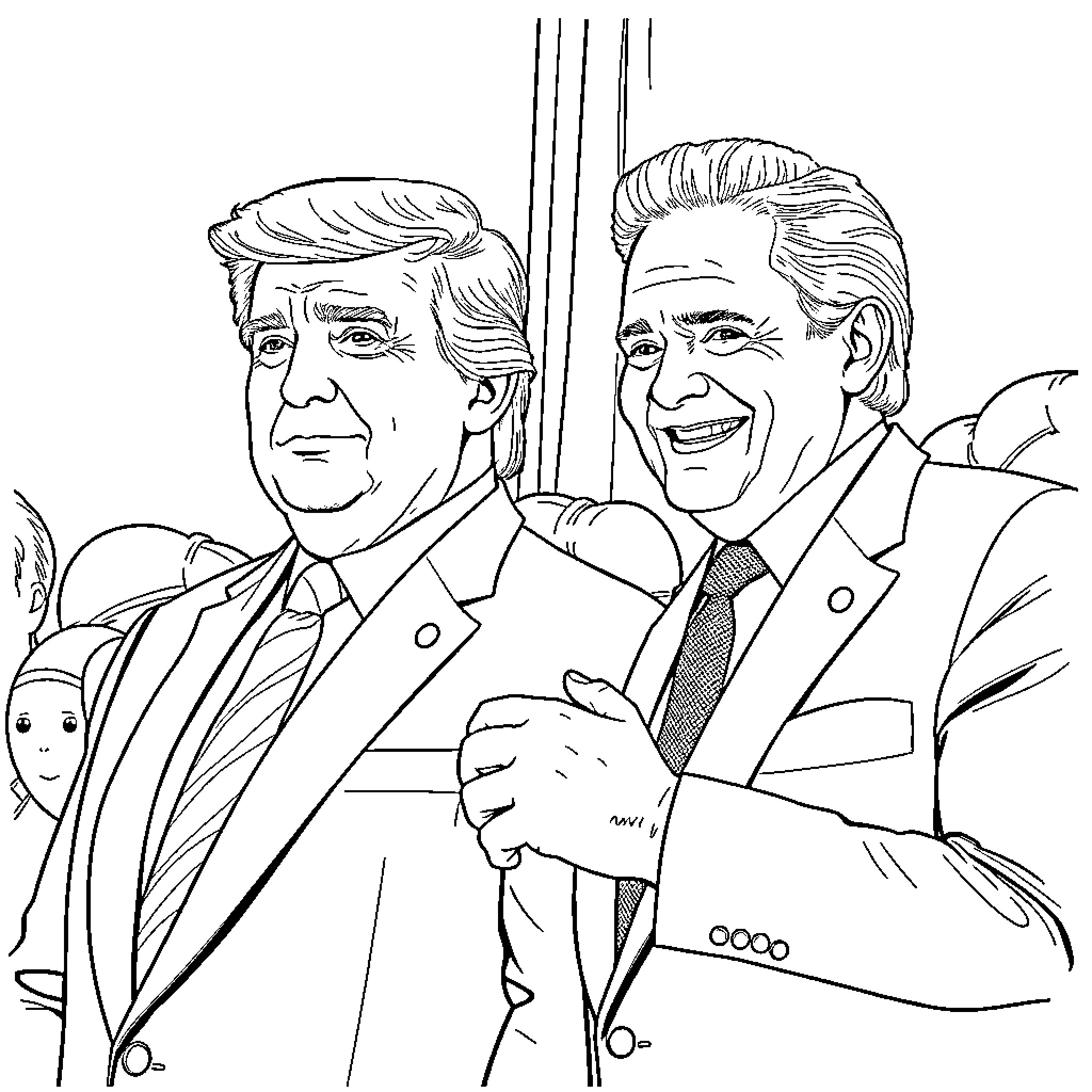 Donald Trump and Joe Biden Shaking Hands Coloring Page (free black-and-white line drawing printable PDF for all, from beginners to advanced learners, including children, teens, adults, and seniors)