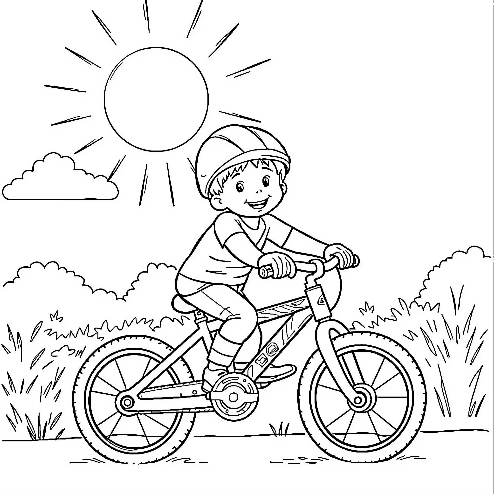 Kid riding bicycle on a sunny day Coloring Page (free black-and-white line drawing printable PDF for all, from beginners to advanced learners, including children, teens, adults, and seniors)