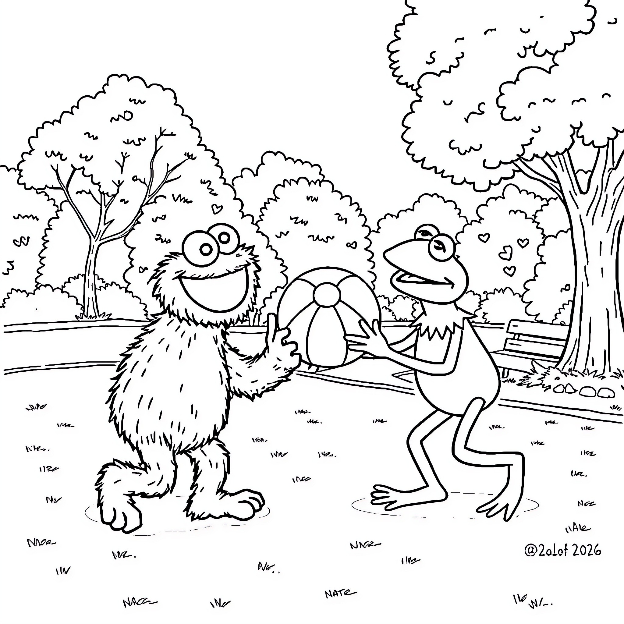 Cookie Monster and Frog Playing in the Park Coloring Page (free black-and-white line drawing printable PDF for all, from beginners to advanced learners, including children, teens, adults, and seniors)