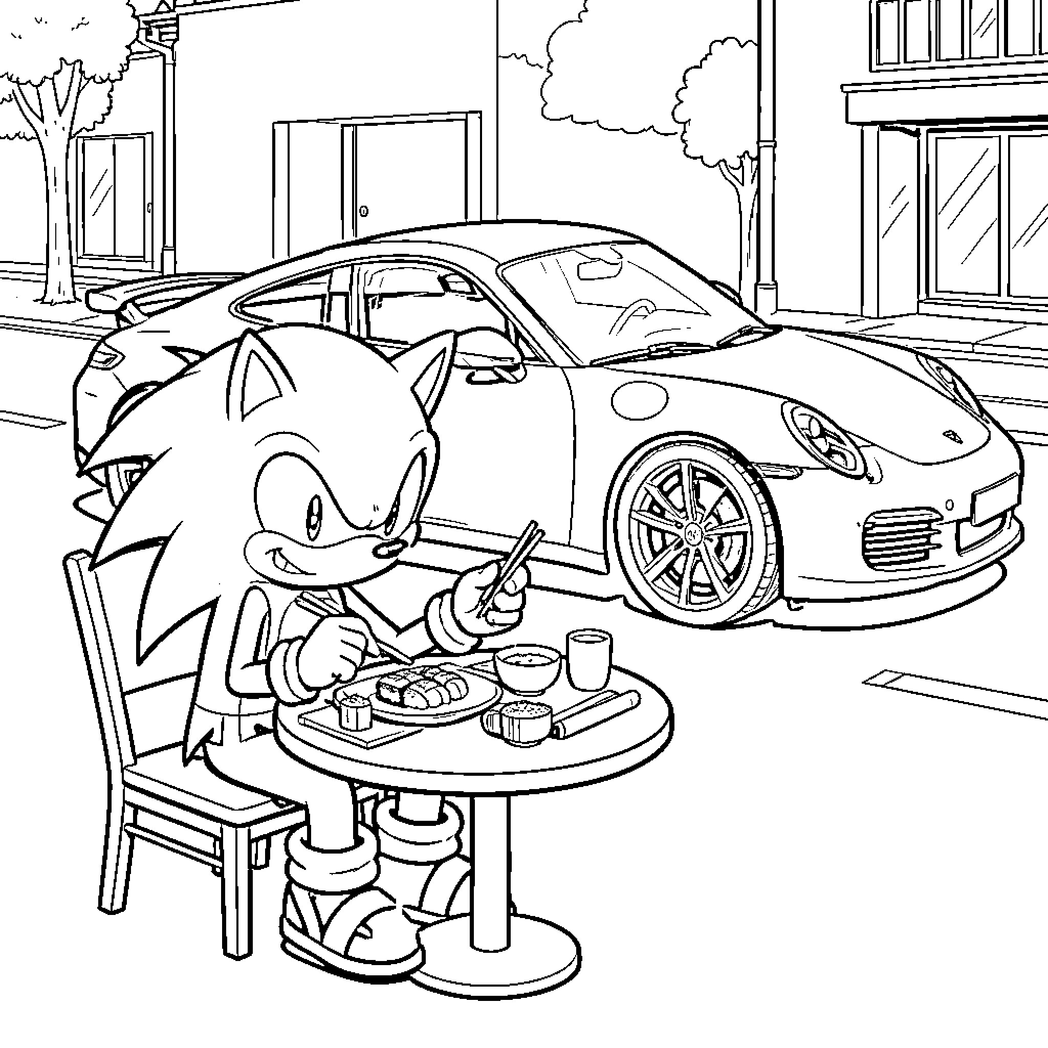 Sonic sitting at a table eating with chopsticks Coloring Page (free black-and-white line drawing printable PDF for all, from beginners to advanced learners, including children, teens, adults, and seniors)