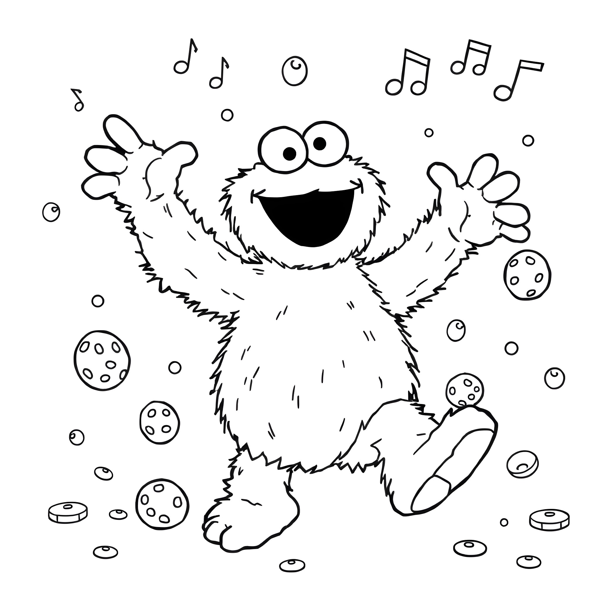 Cookie Monster playing with musical notes Coloring Page (free black-and-white line drawing printable PDF for all, from beginners to advanced learners, including children, teens, adults, and seniors)