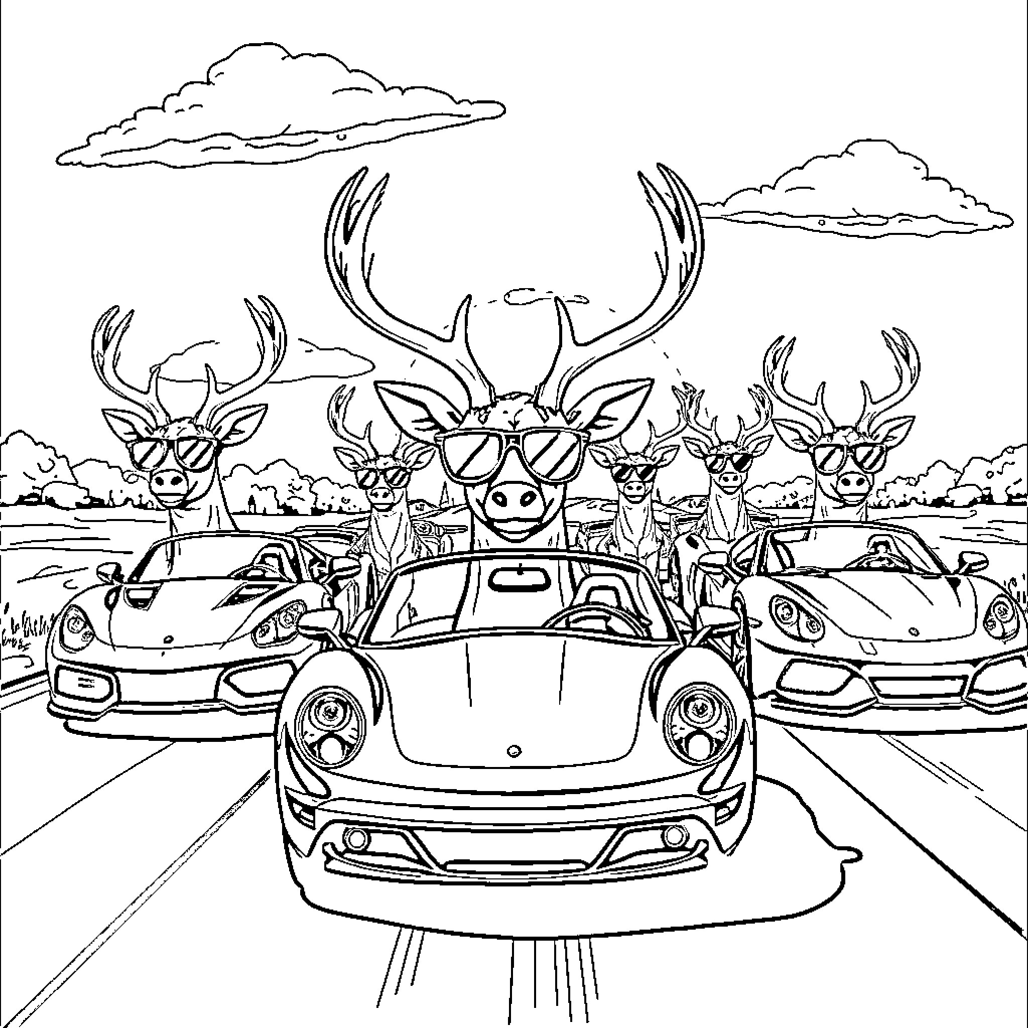 Deer enjoying a joy ride in sports cars Coloring Page (free black-and-white line drawing printable PDF for all, from beginners to advanced learners, including children, teens, adults, and seniors)