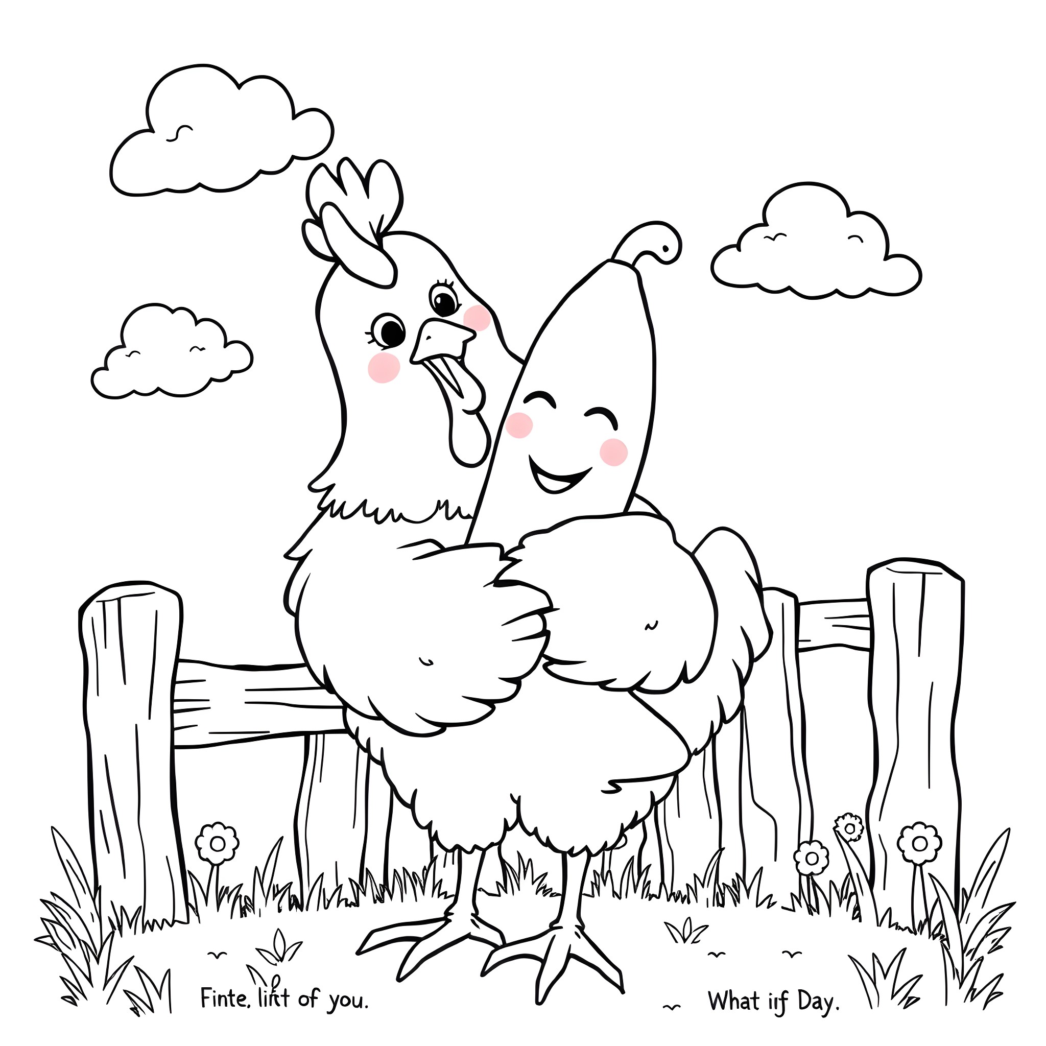Chicken embracing another chicken in a pastoral scene Coloring Page (free black-and-white line drawing printable PDF for all, from beginners to advanced learners, including children, teens, adults, and seniors)