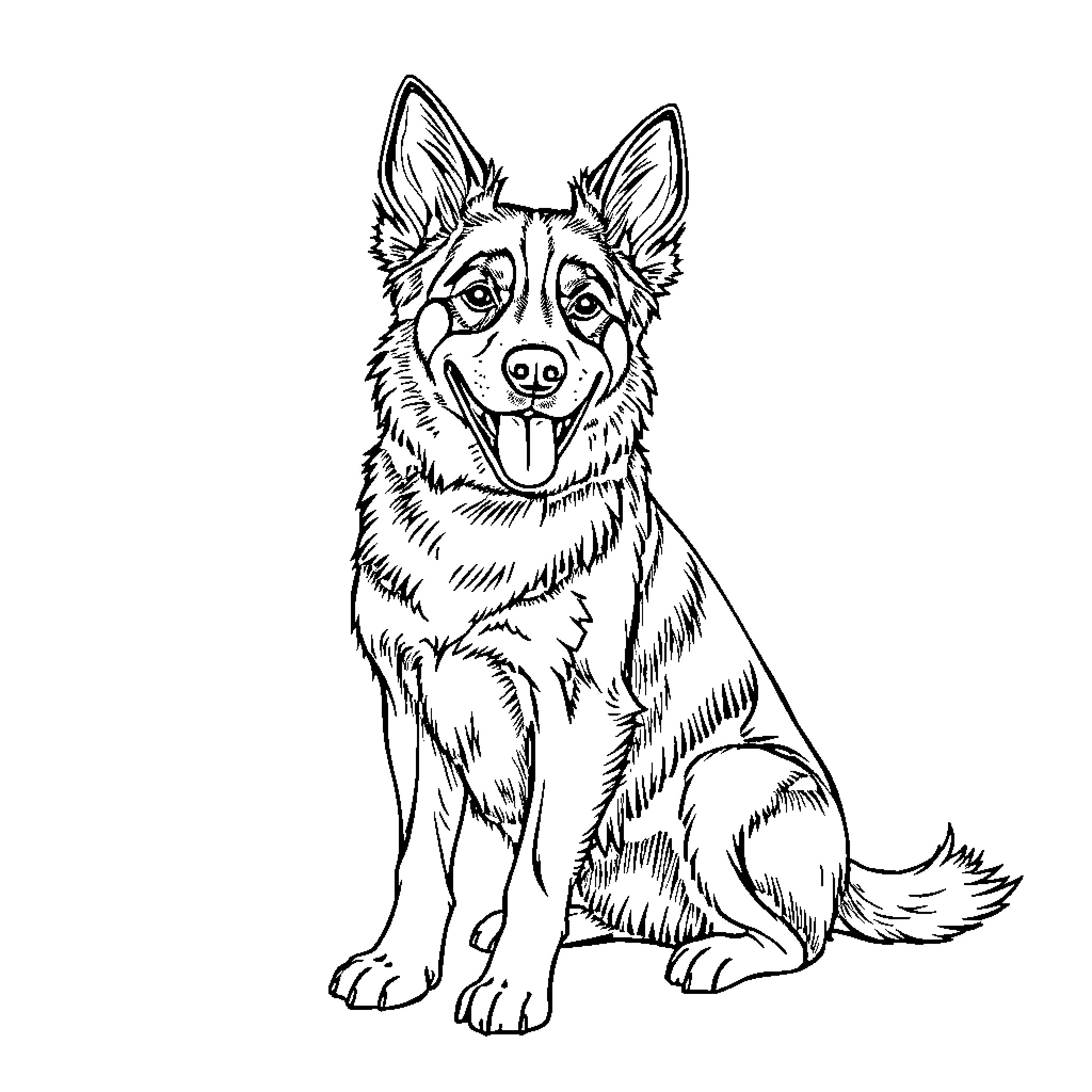Blue Heeler dog sitting happily Coloring Page (free black-and-white line drawing printable PDF for all, from beginners to advanced learners, including children, teens, adults, and seniors)
