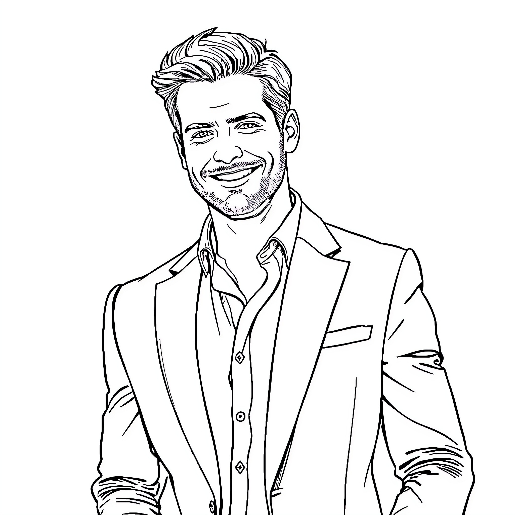 Henry Cavill in Formal Suit and Smiling Pose Coloring Page (free black-and-white line drawing printable PDF for all, from beginners to advanced learners, including children, teens, adults, and seniors)