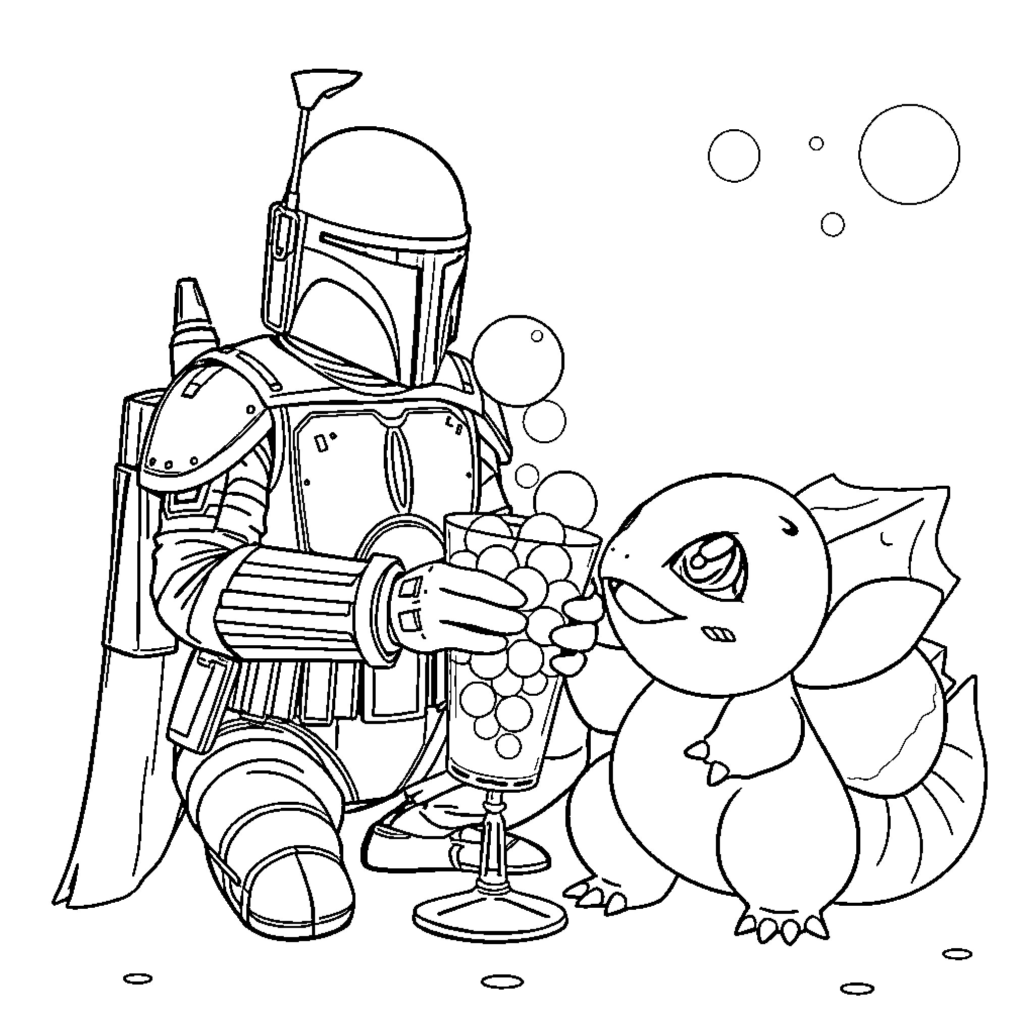 Boba Fett enjoying refreshments with Porg companion Coloring Page (free black-and-white line drawing printable PDF for all, from beginners to advanced learners, including children, teens, adults, and seniors)