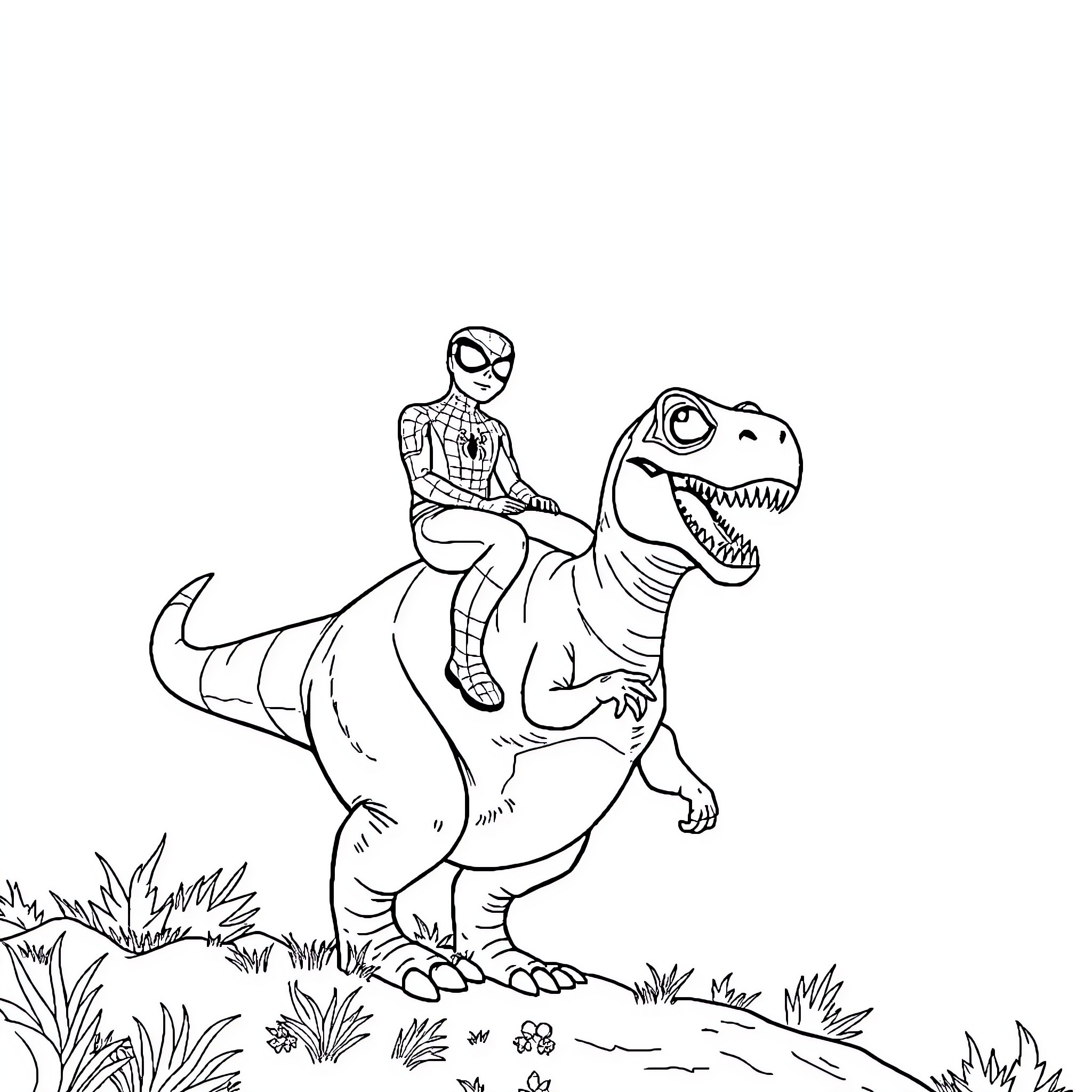 Spiderman riding a friendly dinosaur in the wild Coloring Page (free black-and-white line drawing printable PDF for all, from beginners to advanced learners, including children, teens, adults, and seniors)