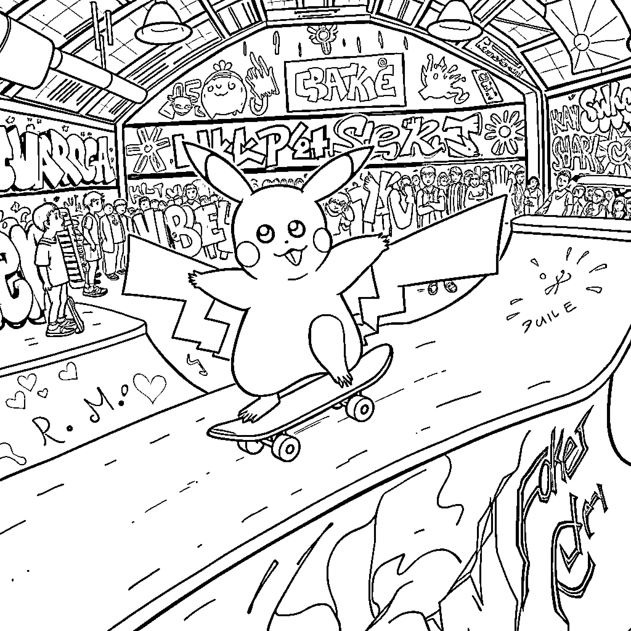 Pikachu skateboarding through a graffiti-filled skatepark Coloring Page (free black-and-white line drawing printable PDF for all, from beginners to advanced learners, including children, teens, adults, and seniors)