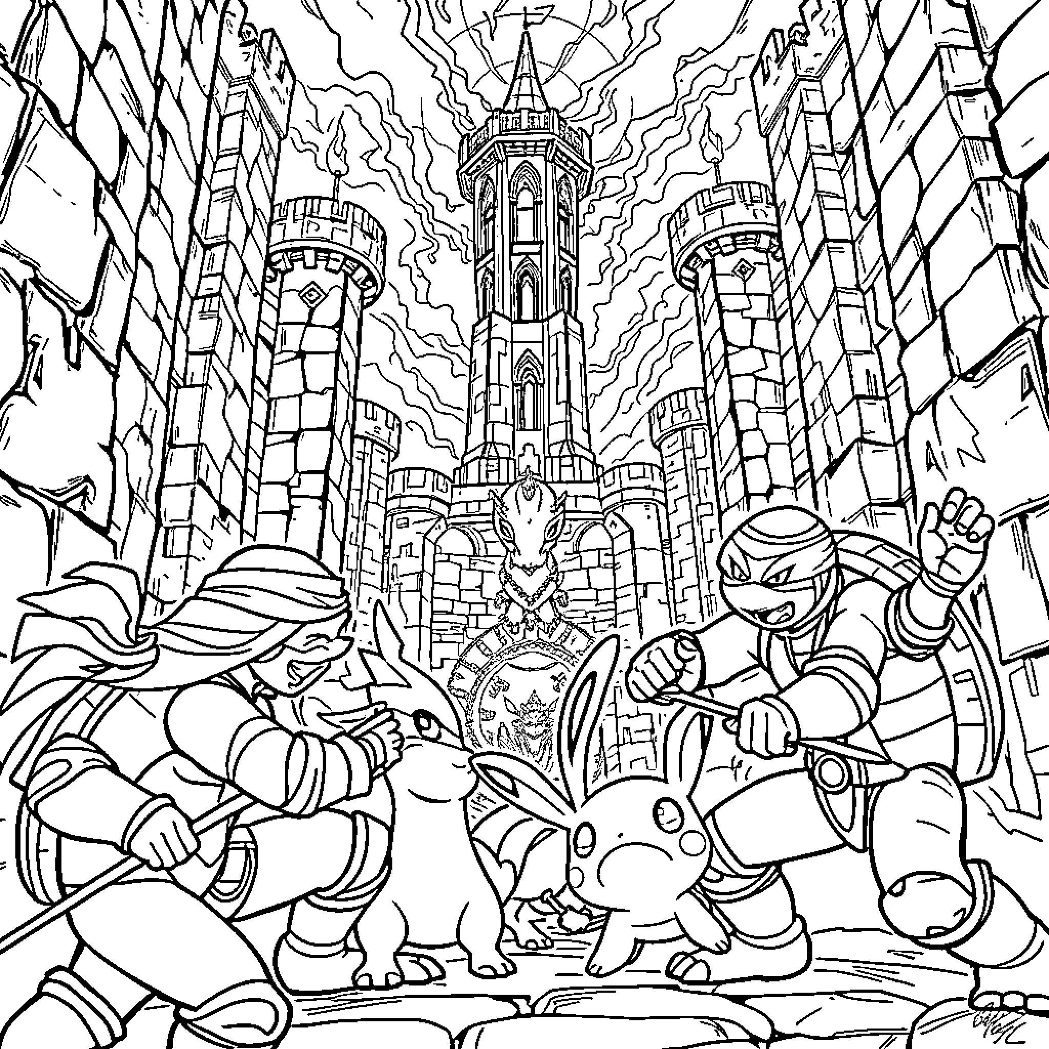Ninja Turtles Battling in a Fantastical City Coloring Page (free black-and-white line drawing printable PDF for all, from beginners to advanced learners, including children, teens, adults, and seniors)