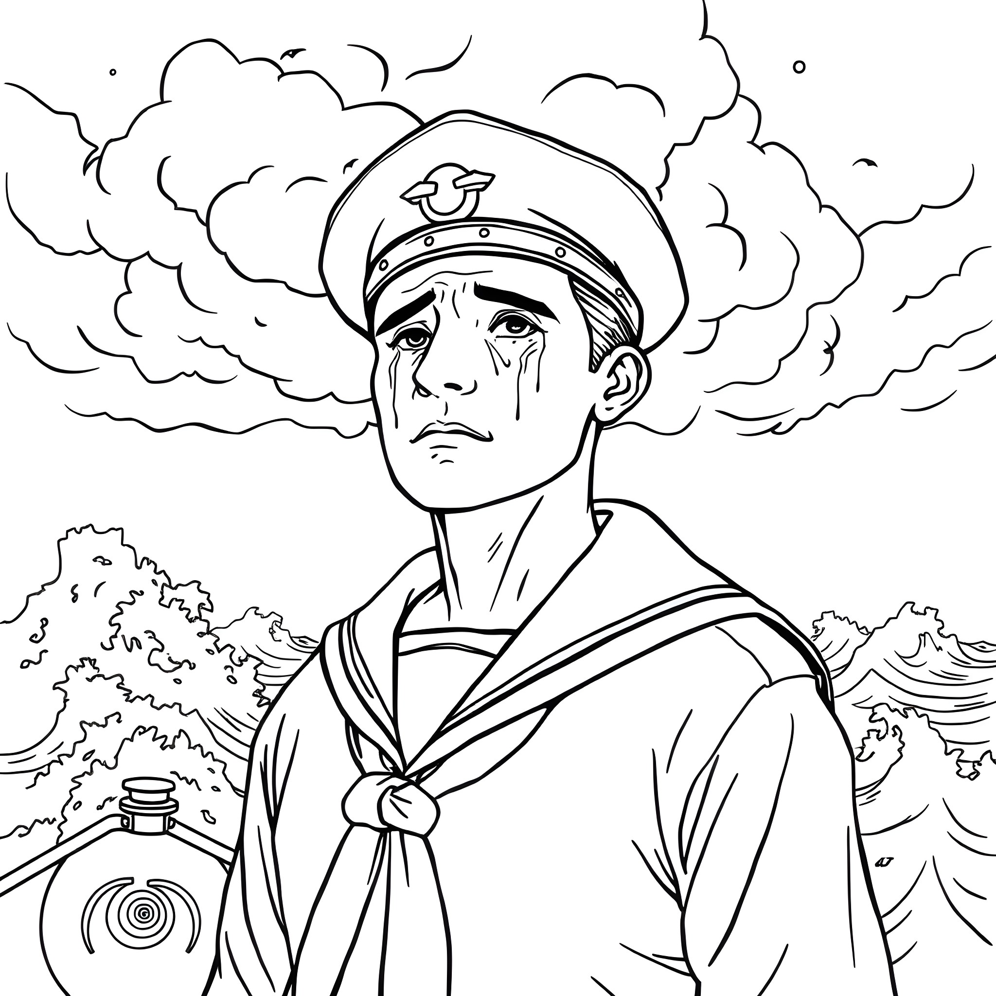 Sailor facing stormy seas with determination Coloring Page (free black-and-white line drawing printable PDF for all, from beginners to advanced learners, including children, teens, adults, and seniors)