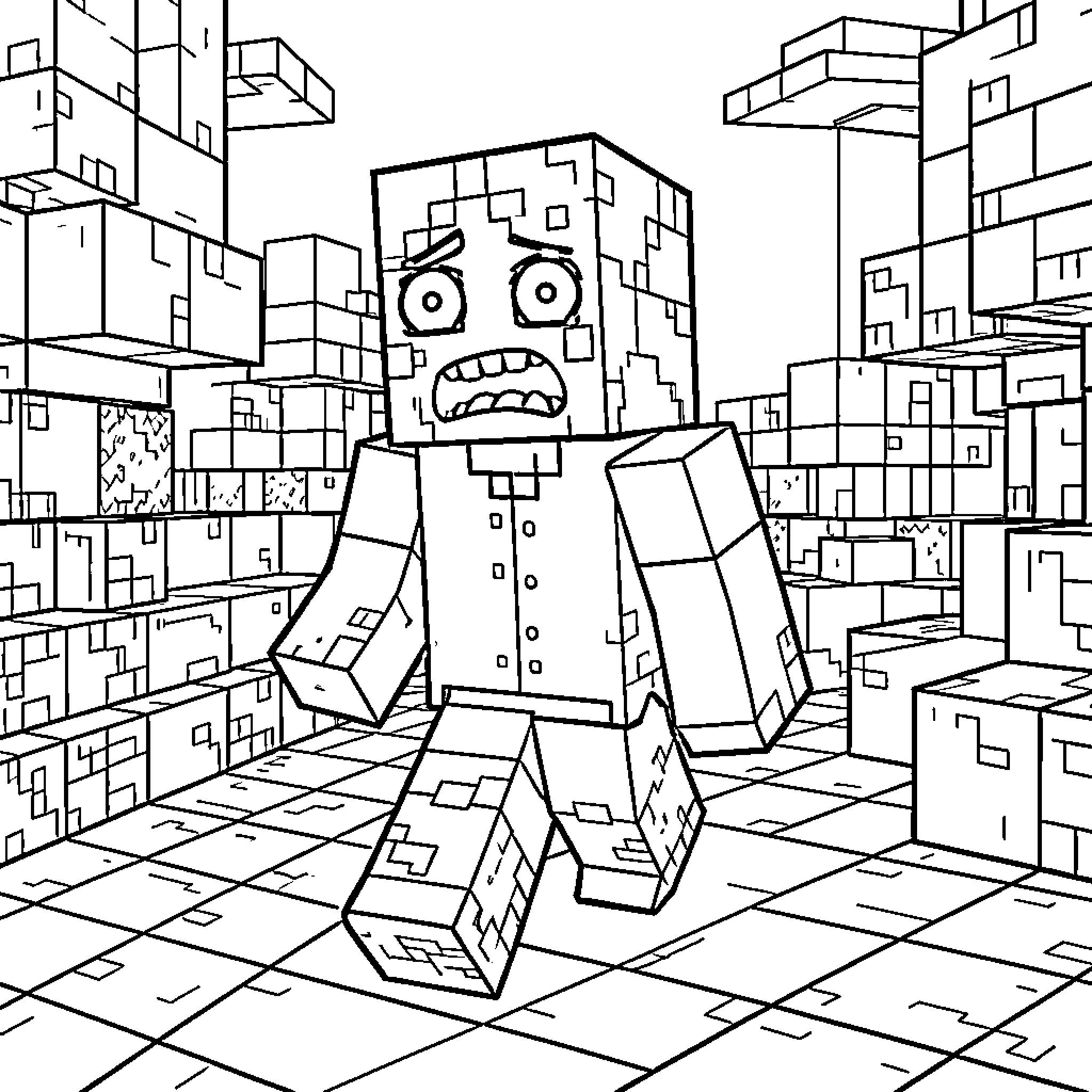 Minecraft Zombie facing off in blocky landscape Coloring Page (free black-and-white line drawing printable PDF for all, from beginners to advanced learners, including children, teens, adults, and seniors)