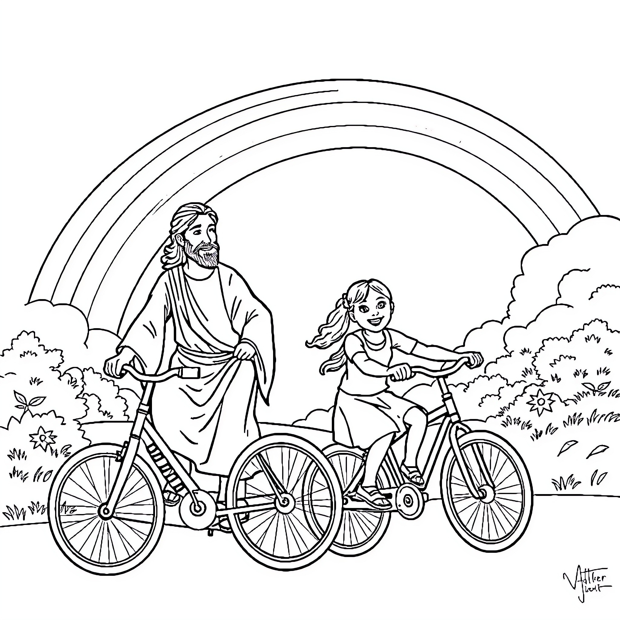 Bike ride with Jesus and a child Coloring Page (free black-and-white line drawing printable PDF for all, from beginners to advanced learners, including children, teens, adults, and seniors)